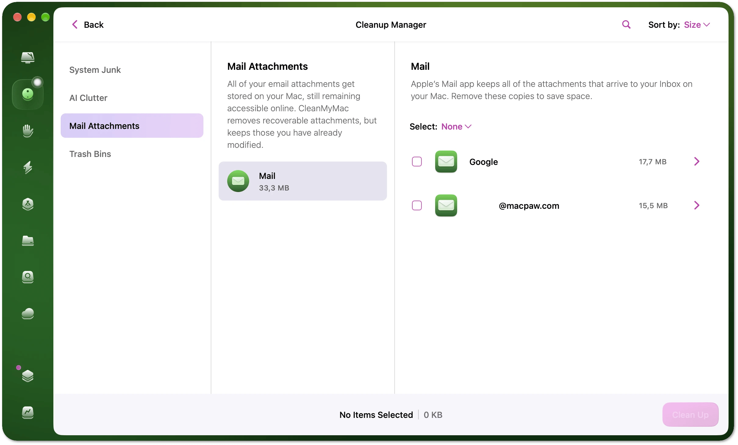 Cleanup Manager showing the Mail Attachments category with a list of attachments
