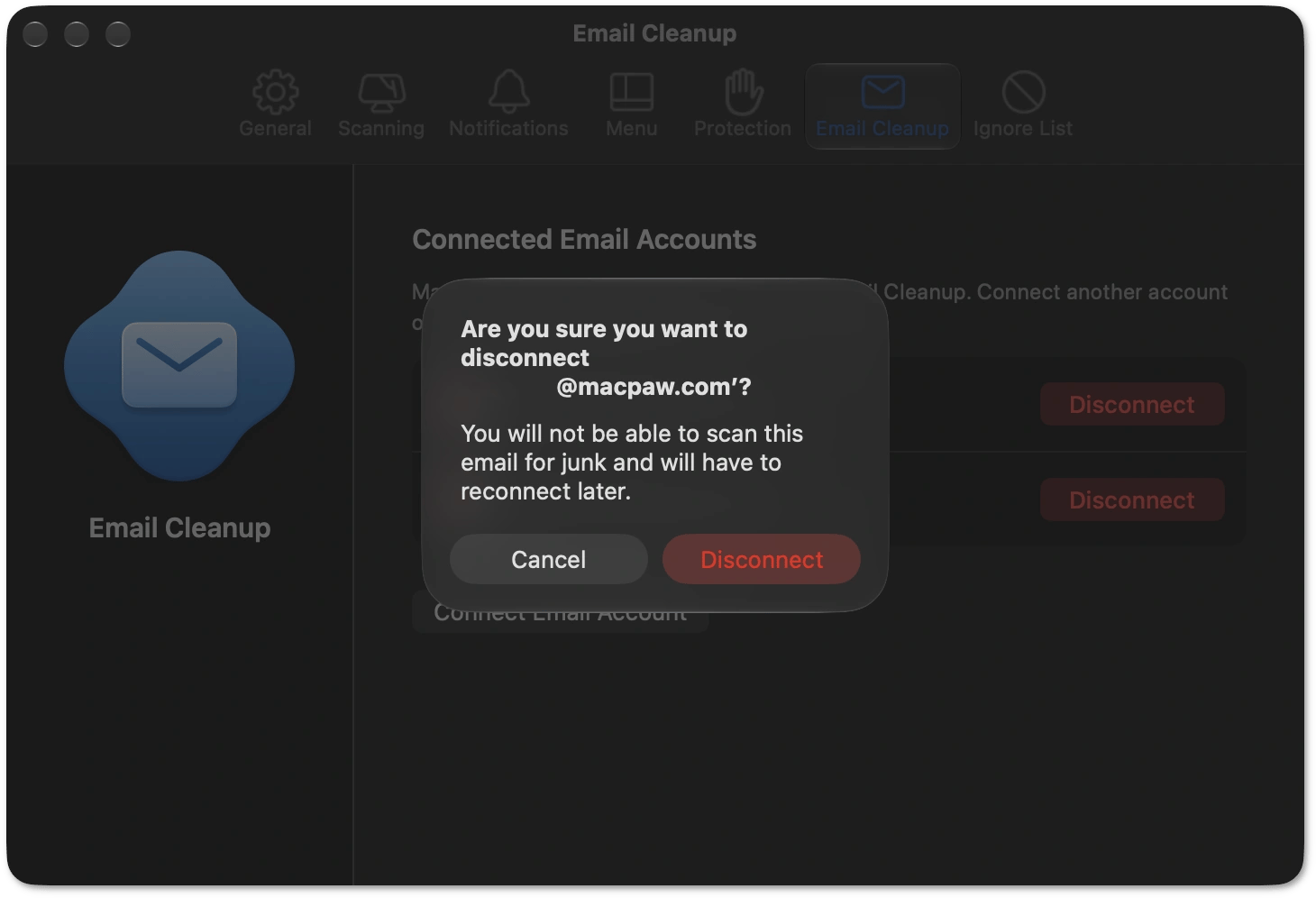 Confirmation dialog asking whether to disconnect the email account, with Cancel and Disconnect buttons