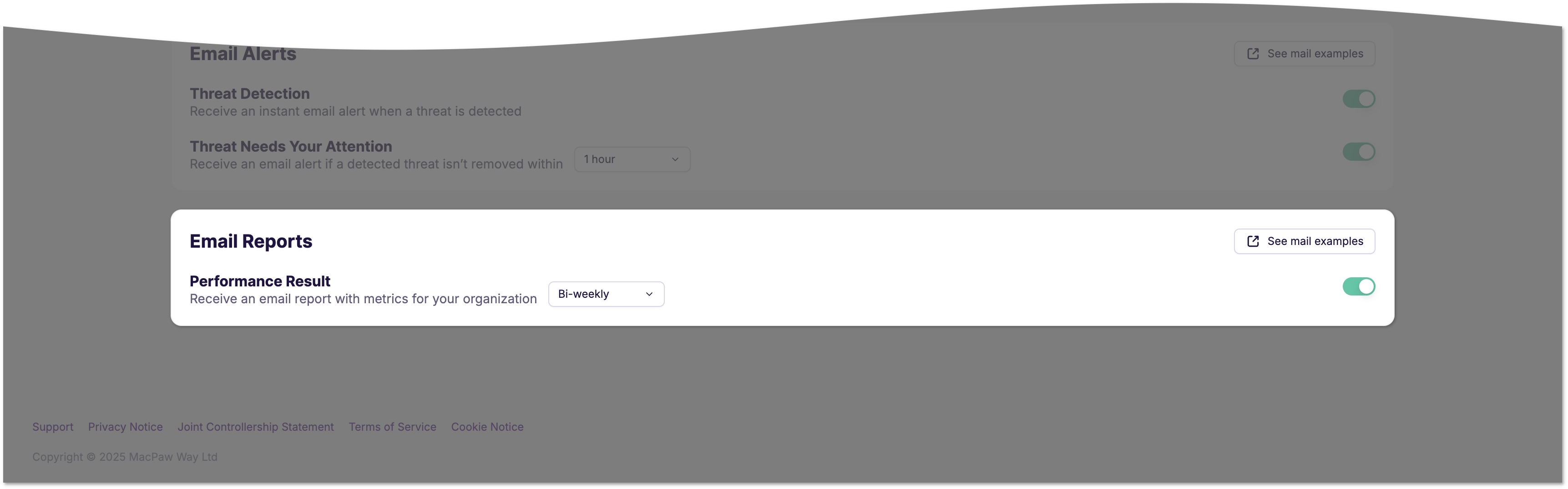 The Email Reports section
