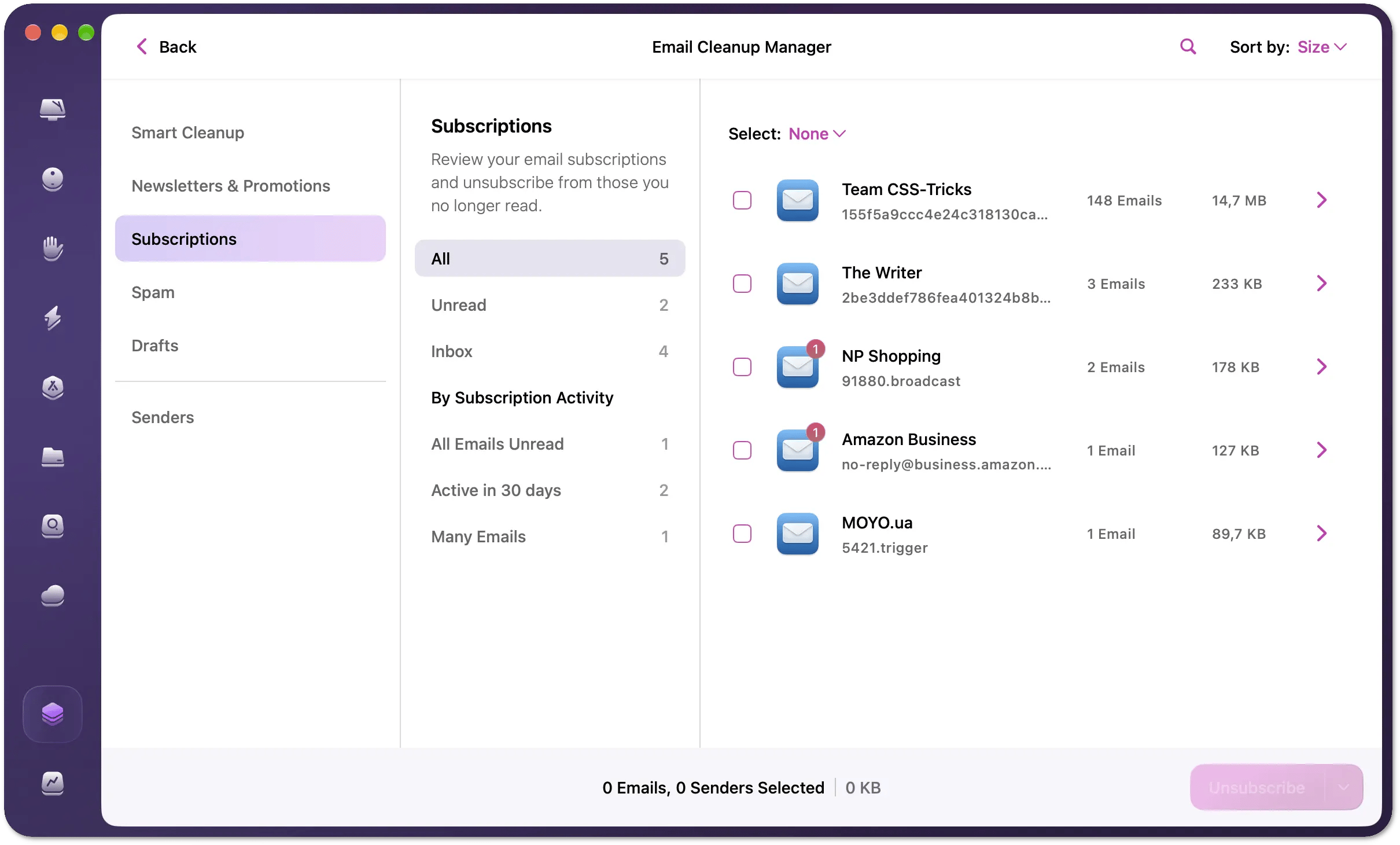 Email Cleanup Manager with the Subscriptions category selected, showing groups in the middle and a list of senders on the right