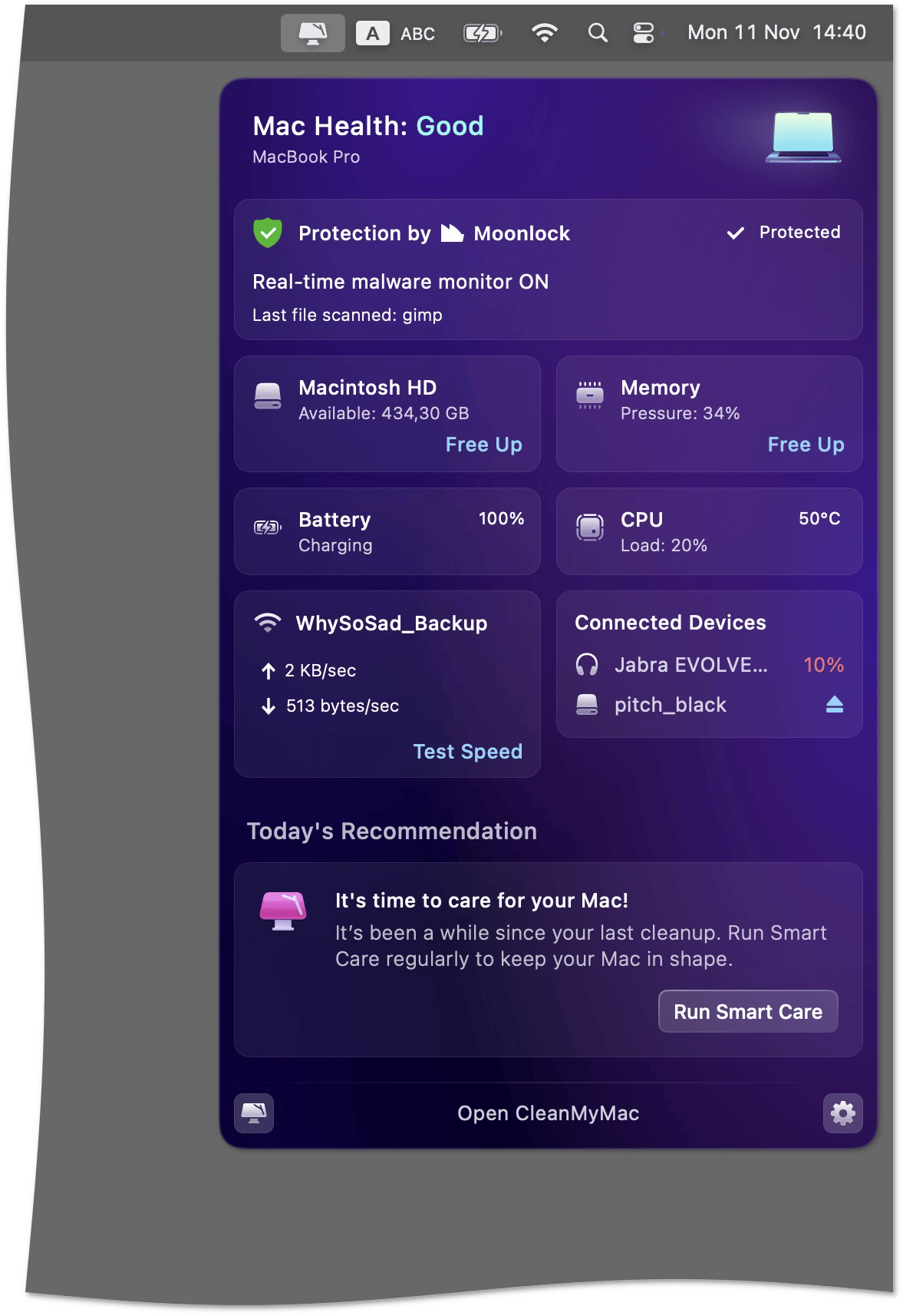 The CleanMyMac Menu