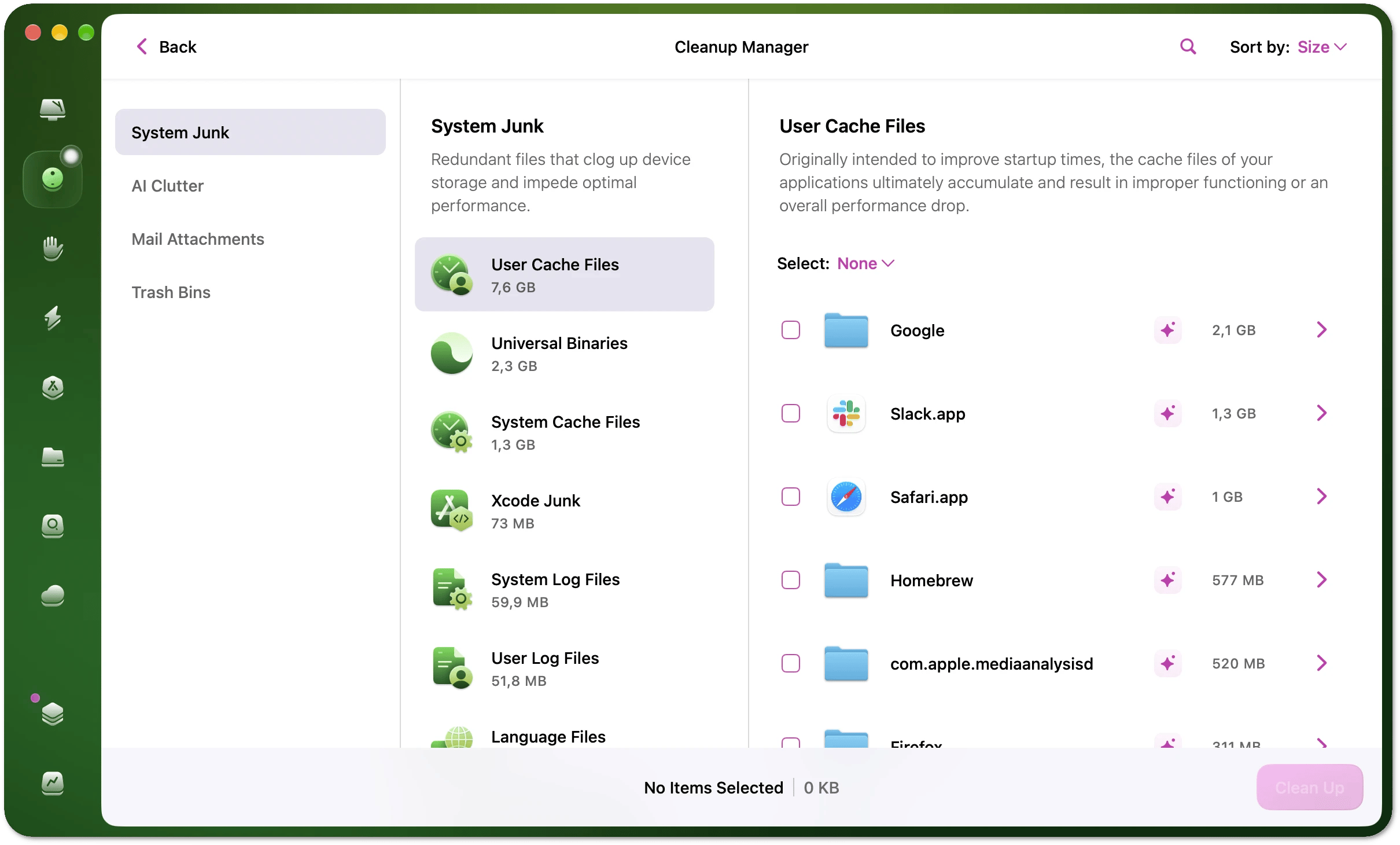 Cleanup Manager showing the System Junk category with a list of junk items