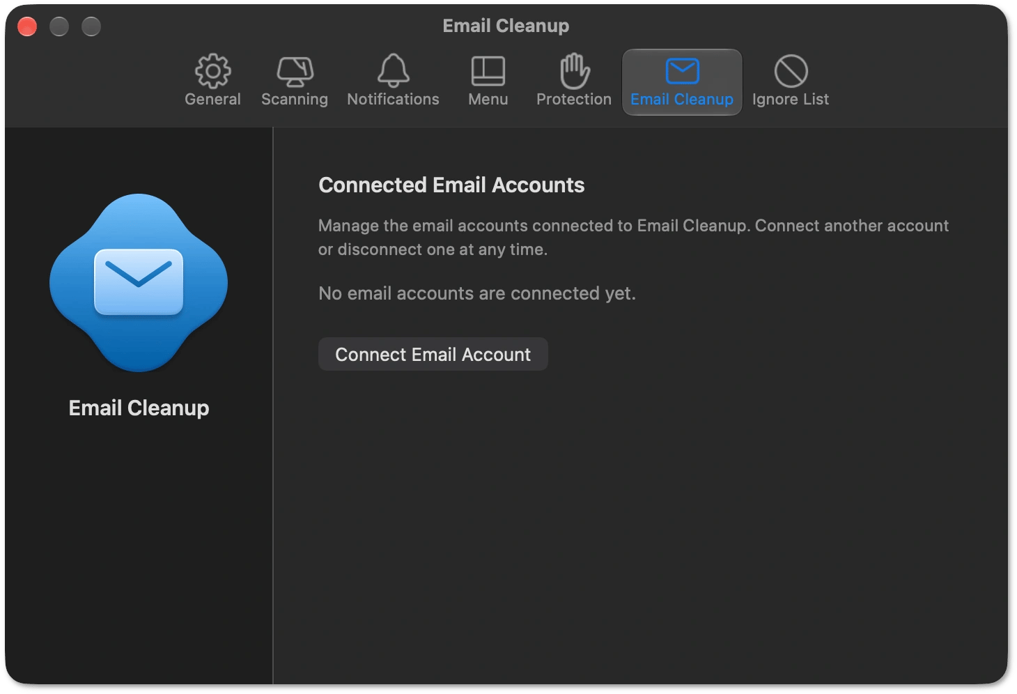 Email Cleanup tab in CleanMyMac Settings with the Connect Email Account button