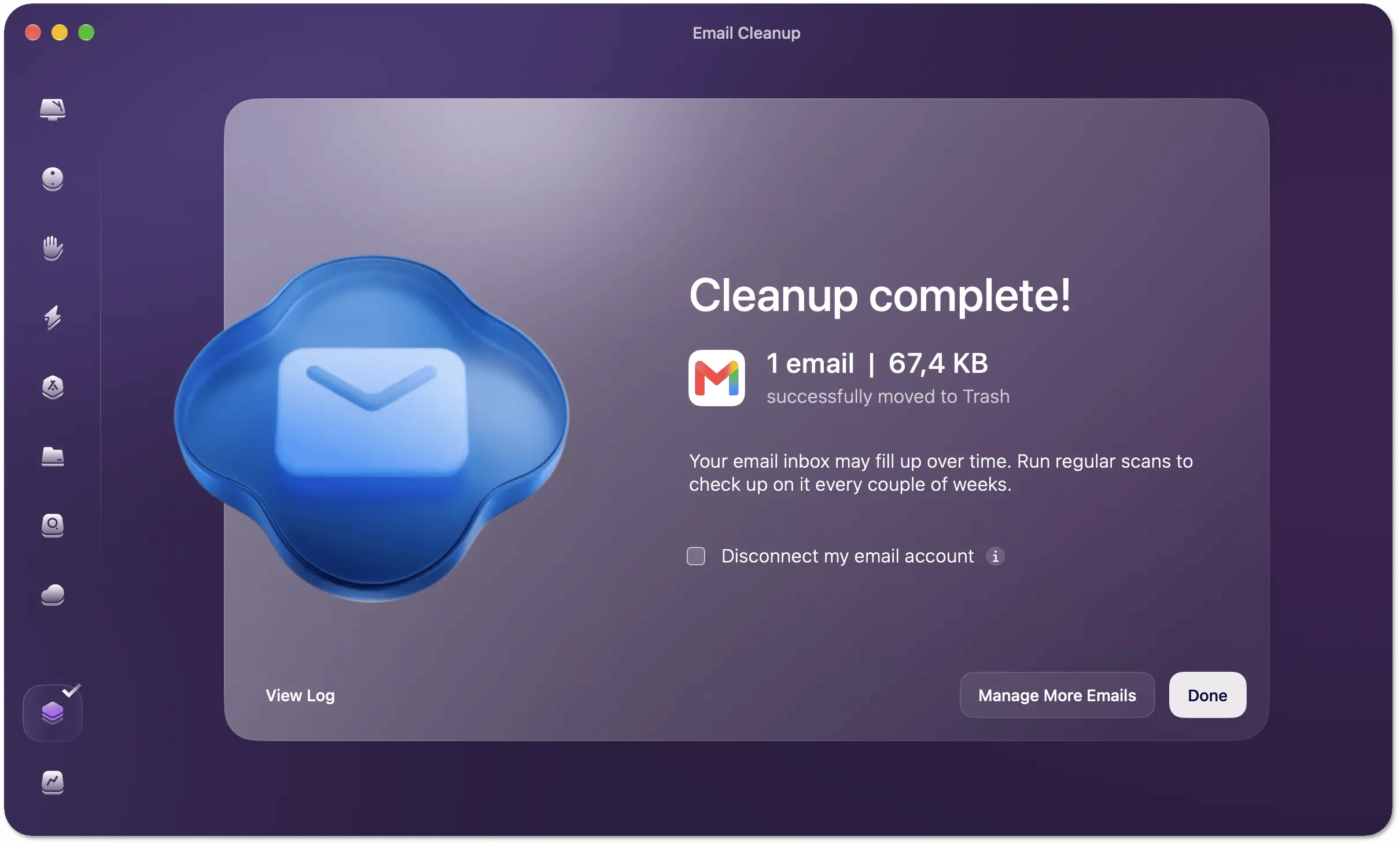 Email Cleanup completion screen showing the cleanup results, with View Log, Manage More Emails, and Done buttons