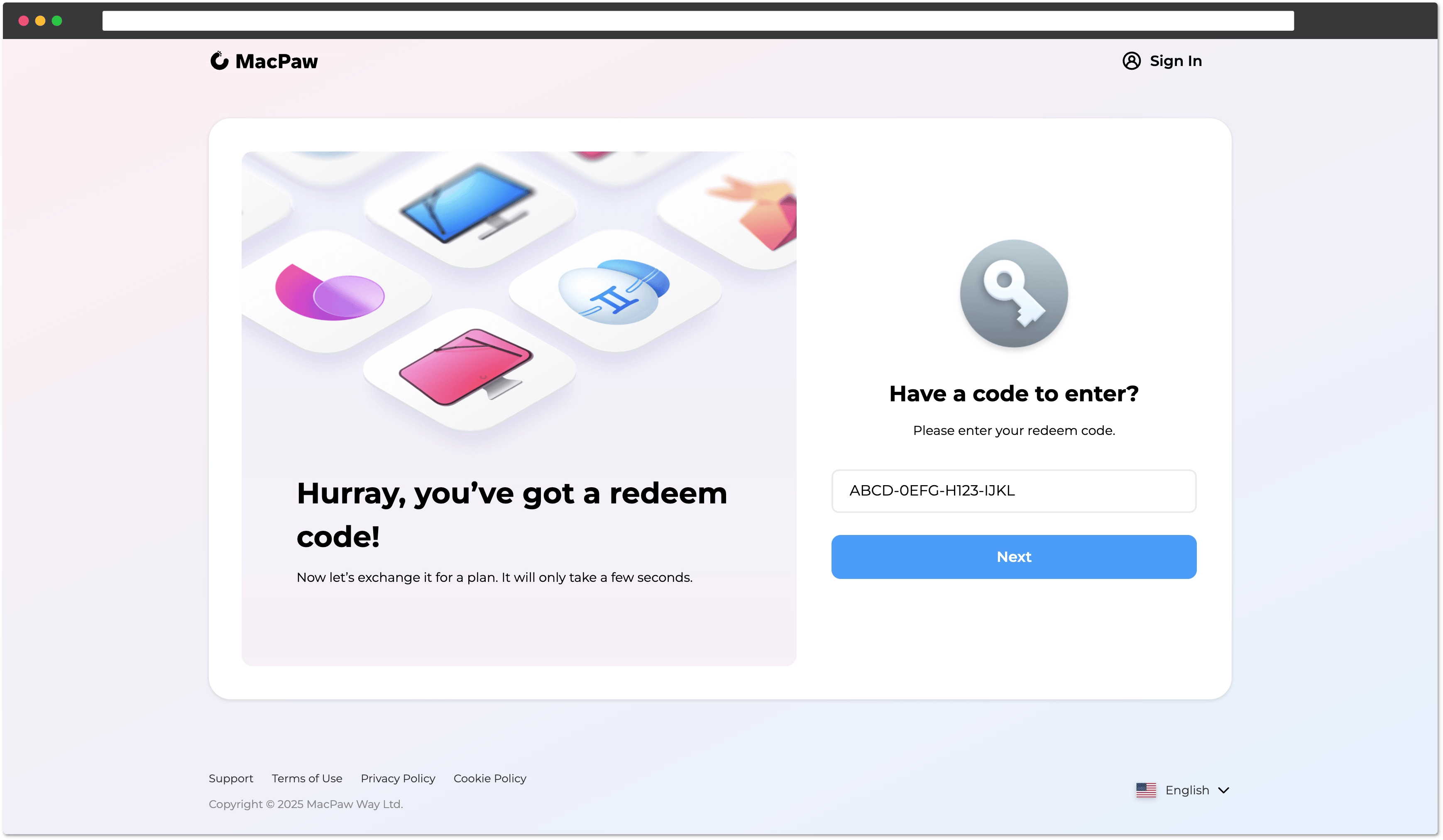 The redeem page