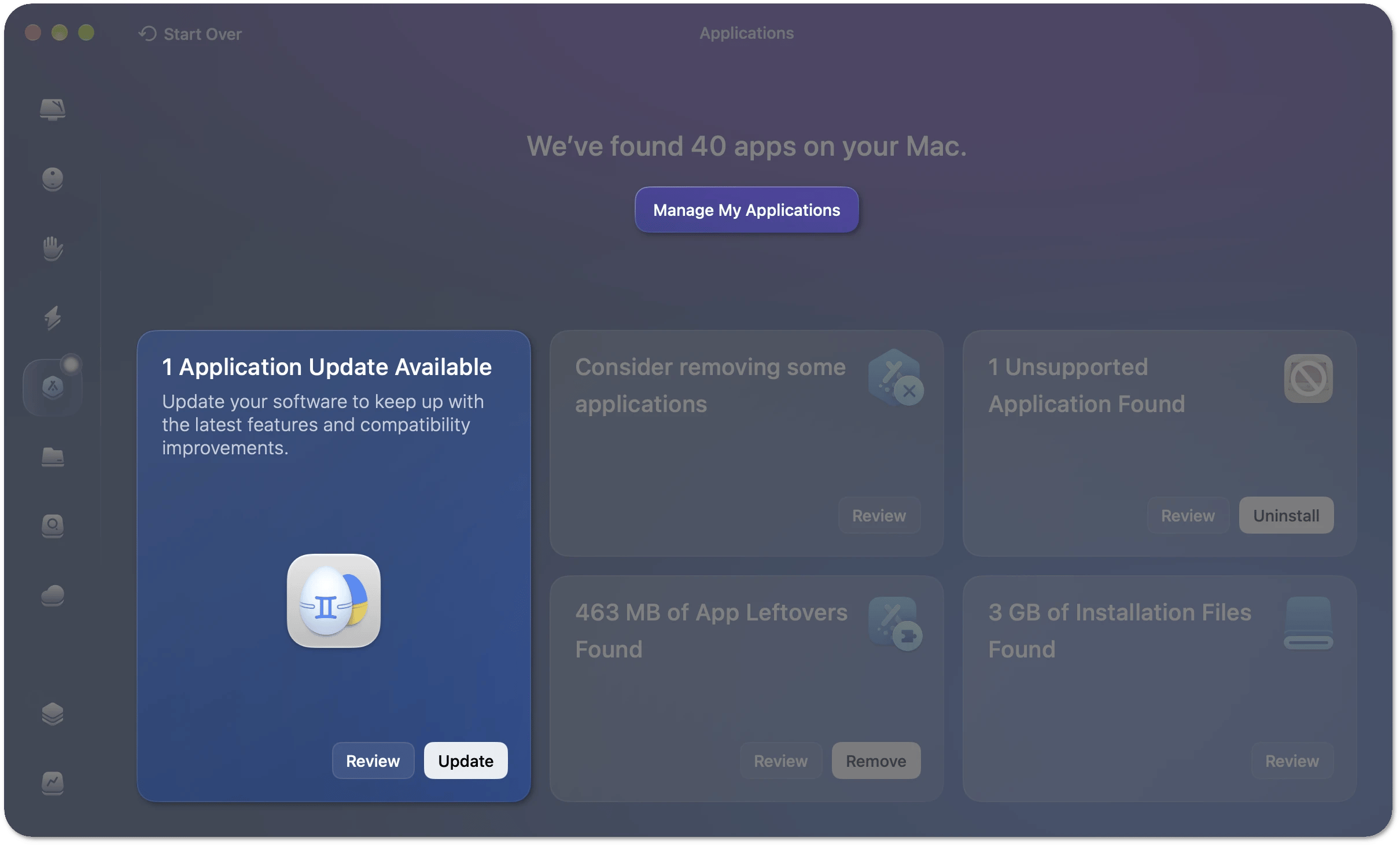 The scan summary with the Manage My Applications button and the app u