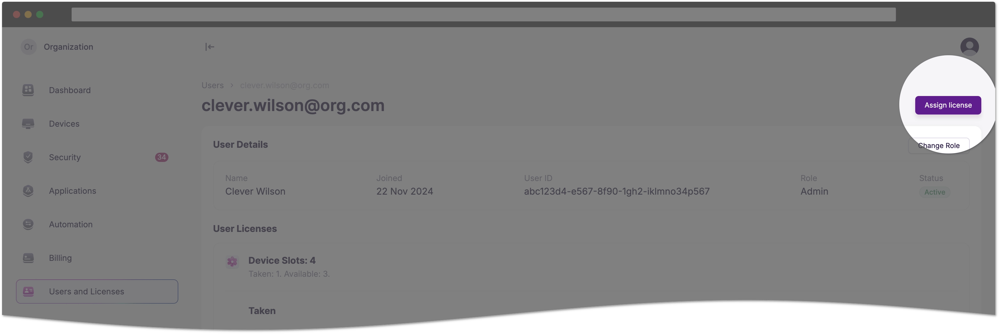 Assign licenses in the user details