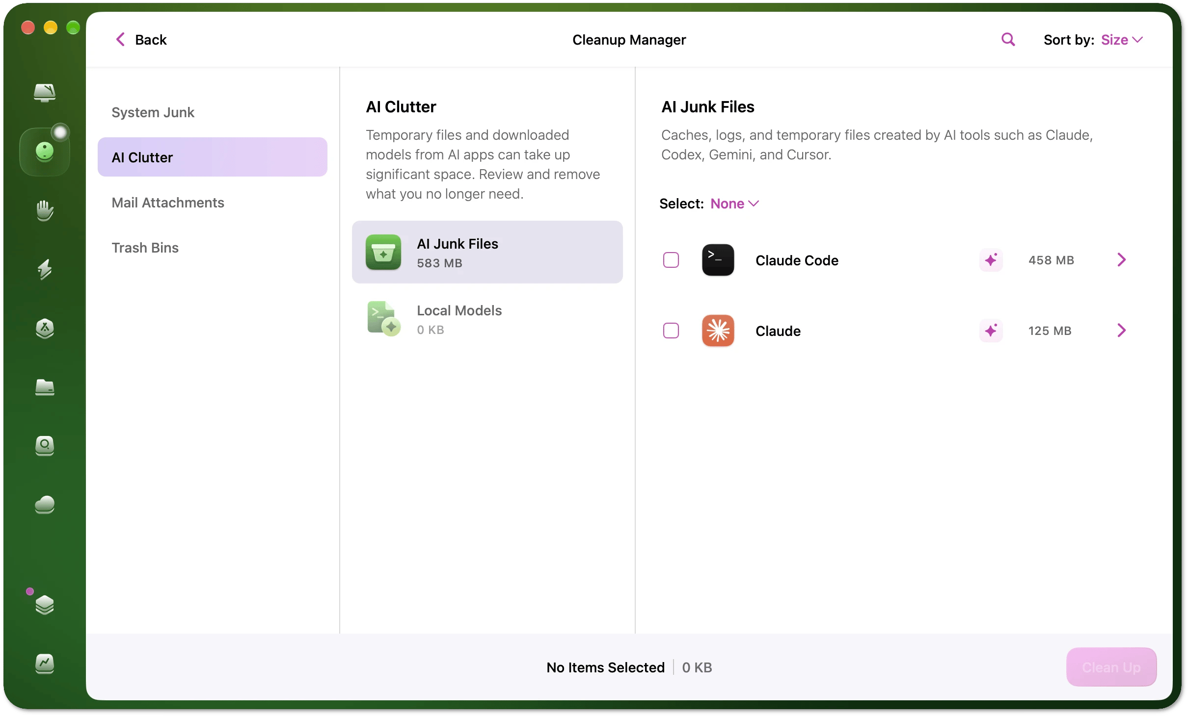 Cleanup Manager showing the AI Clutter category with a list of found items