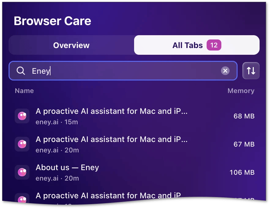 All Tabs in Browser Care with a search query in the search field and a list of matching tabs