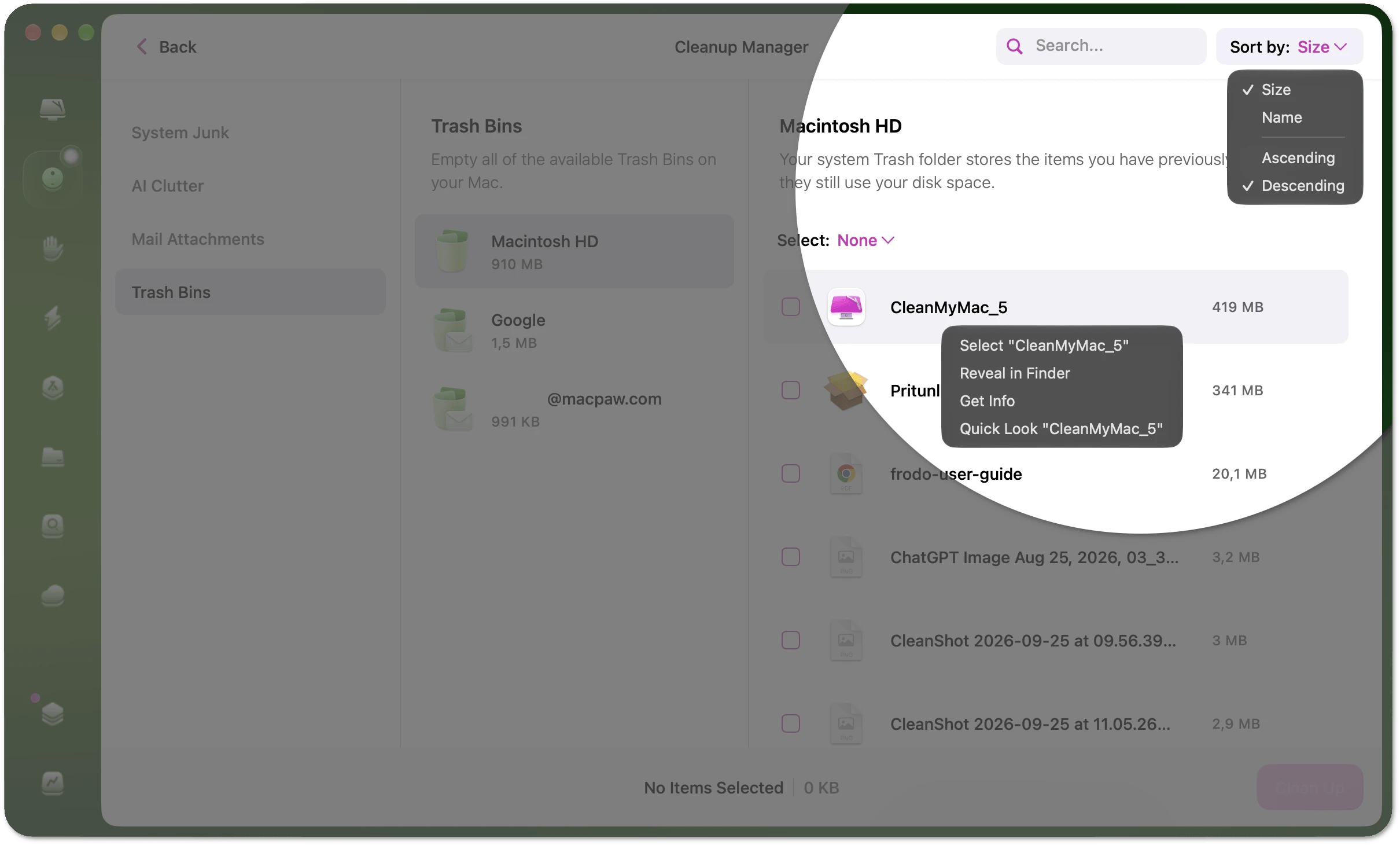 Context menu for a file