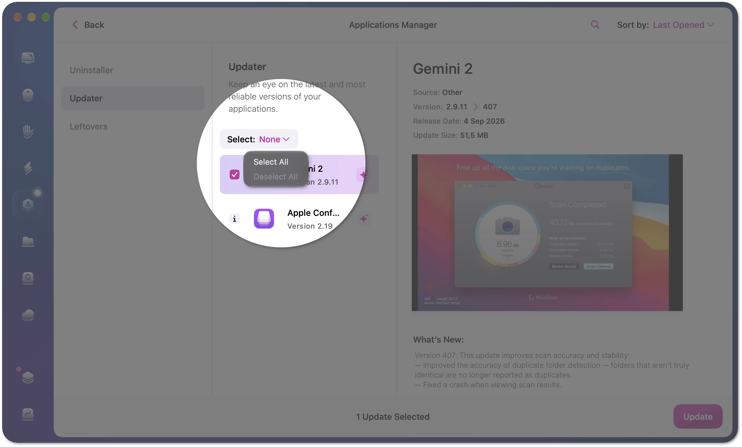 The Updater category with the Select menu open and one app selected