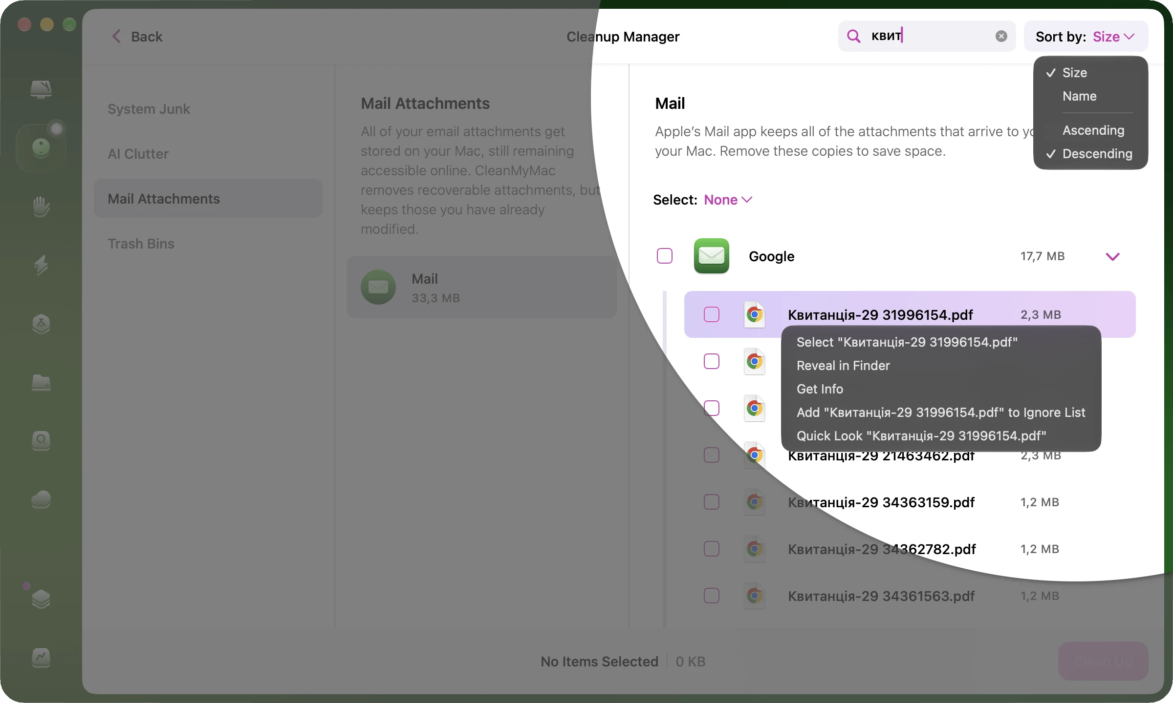Quick attachment actions