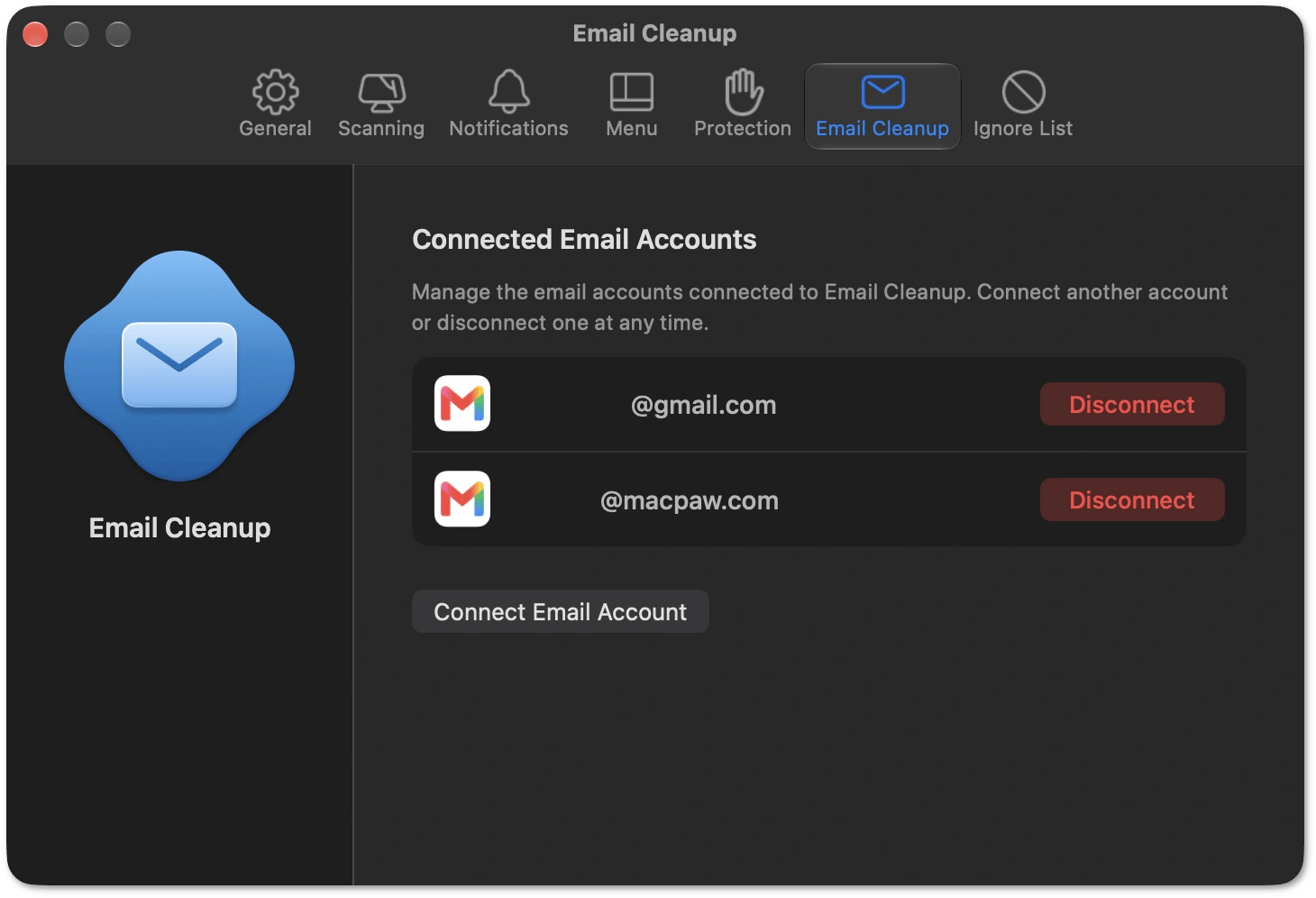 Email Cleanup tab in CleanMyMac Settings showing connected accounts with Disconnect buttons