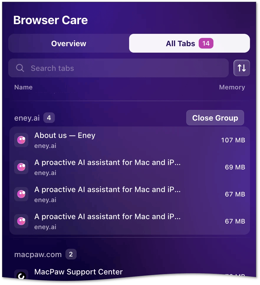 All Tabs list grouped by domain, with the Close Group button next to a group