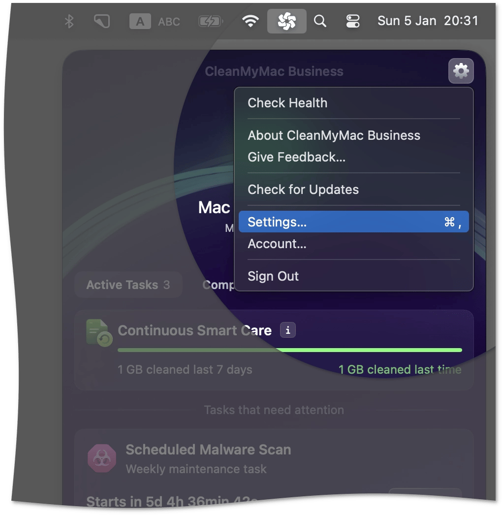 The Settings menu item