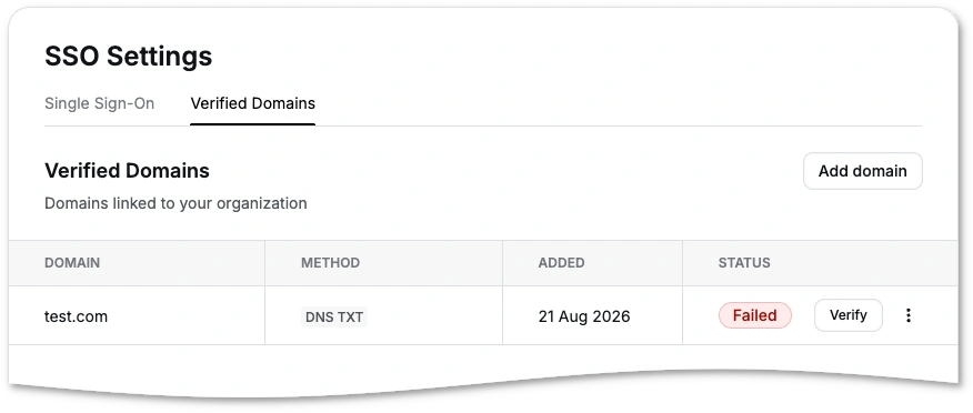 Example of a domain with the Failed status