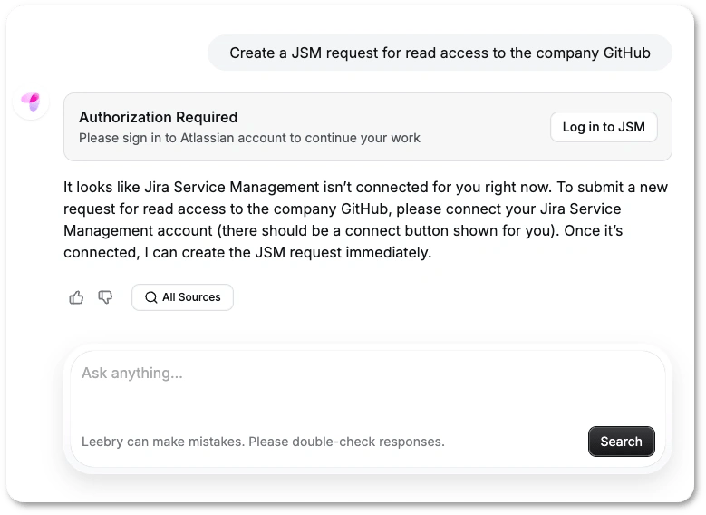 JSM authorization request in a Leebry chat