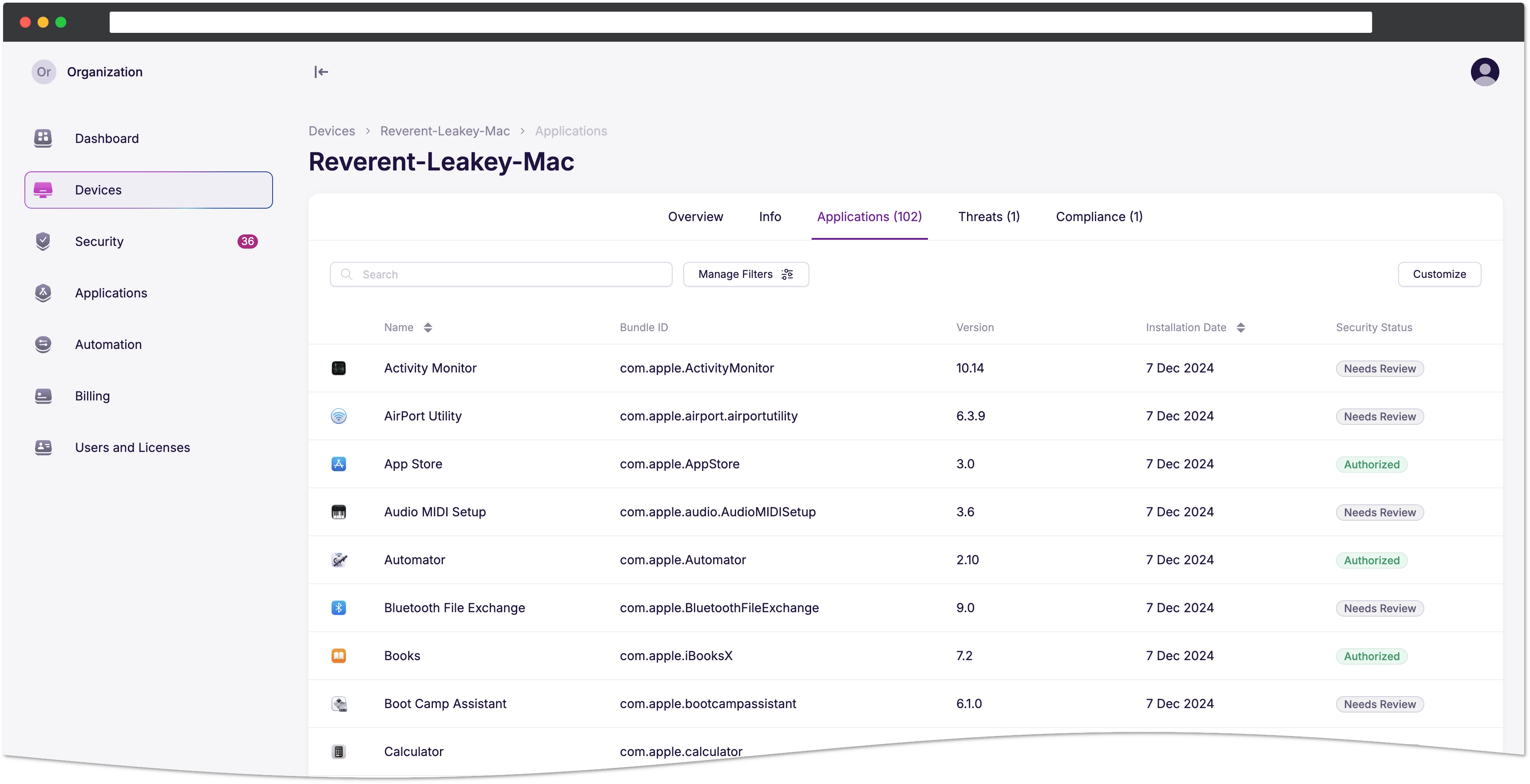 Applications tab