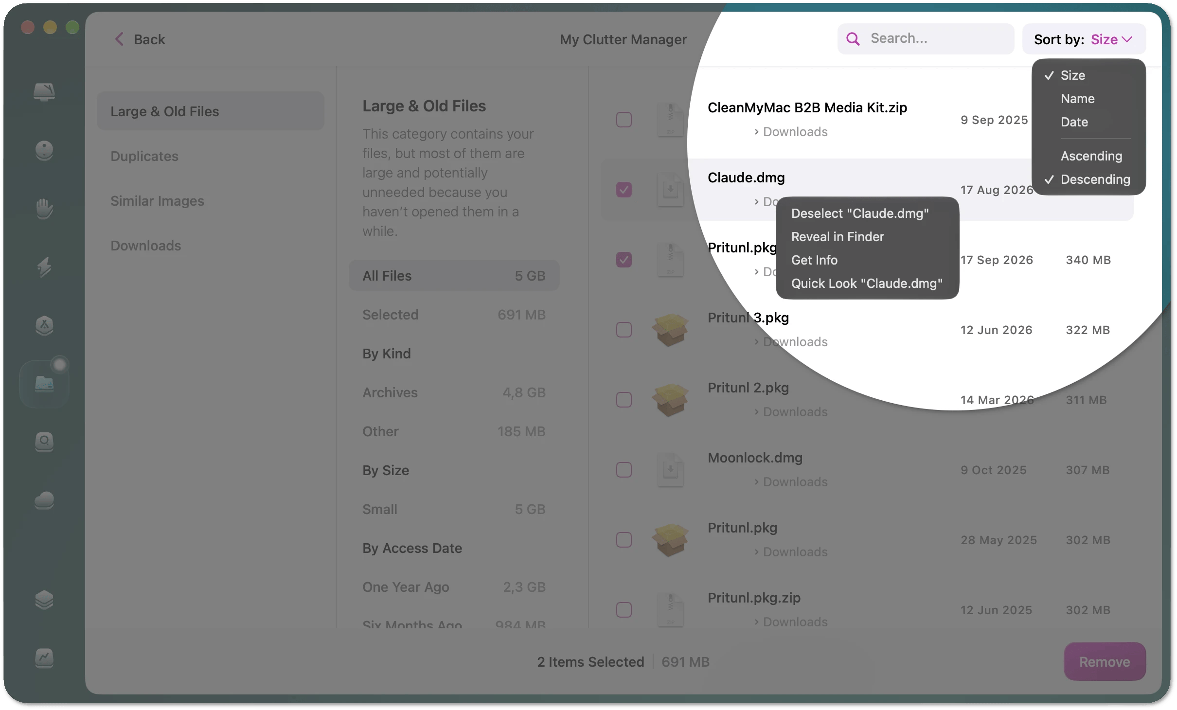 Sort options and file context menu