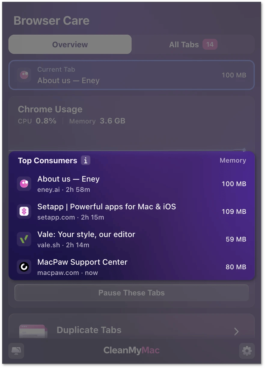 Top Consumers list highlighted in the Overview tab, showing four tabs with domain, open time, and memory use