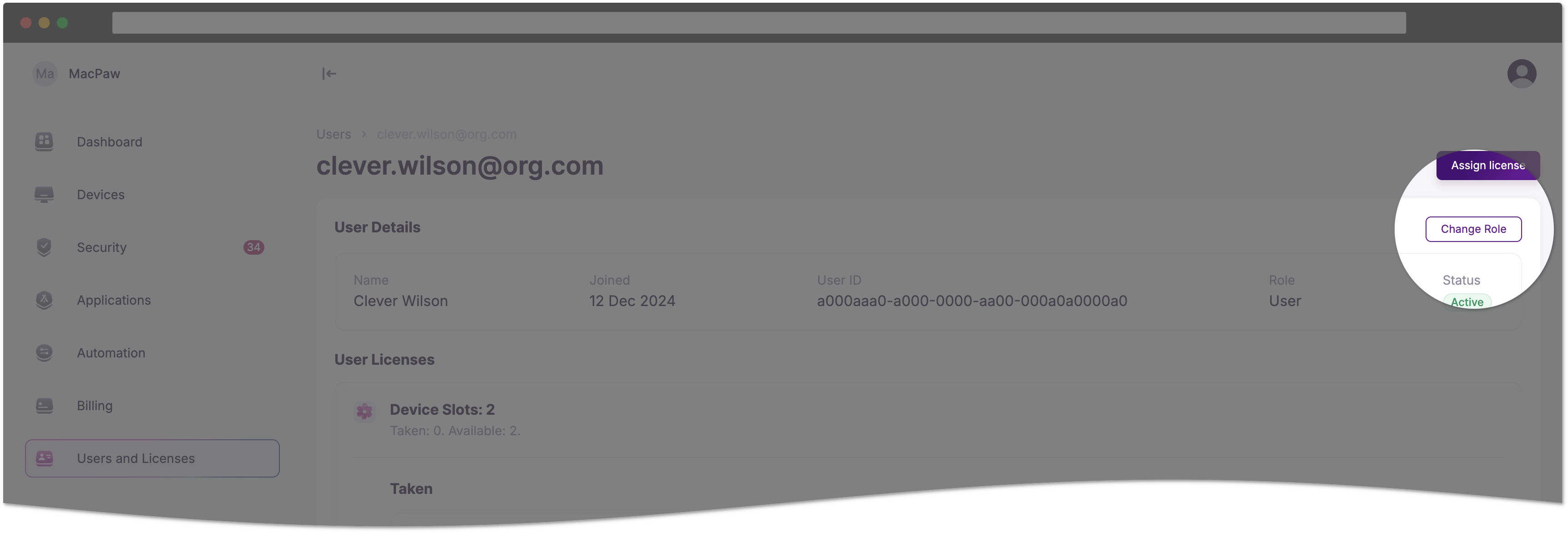 Change role in the user details