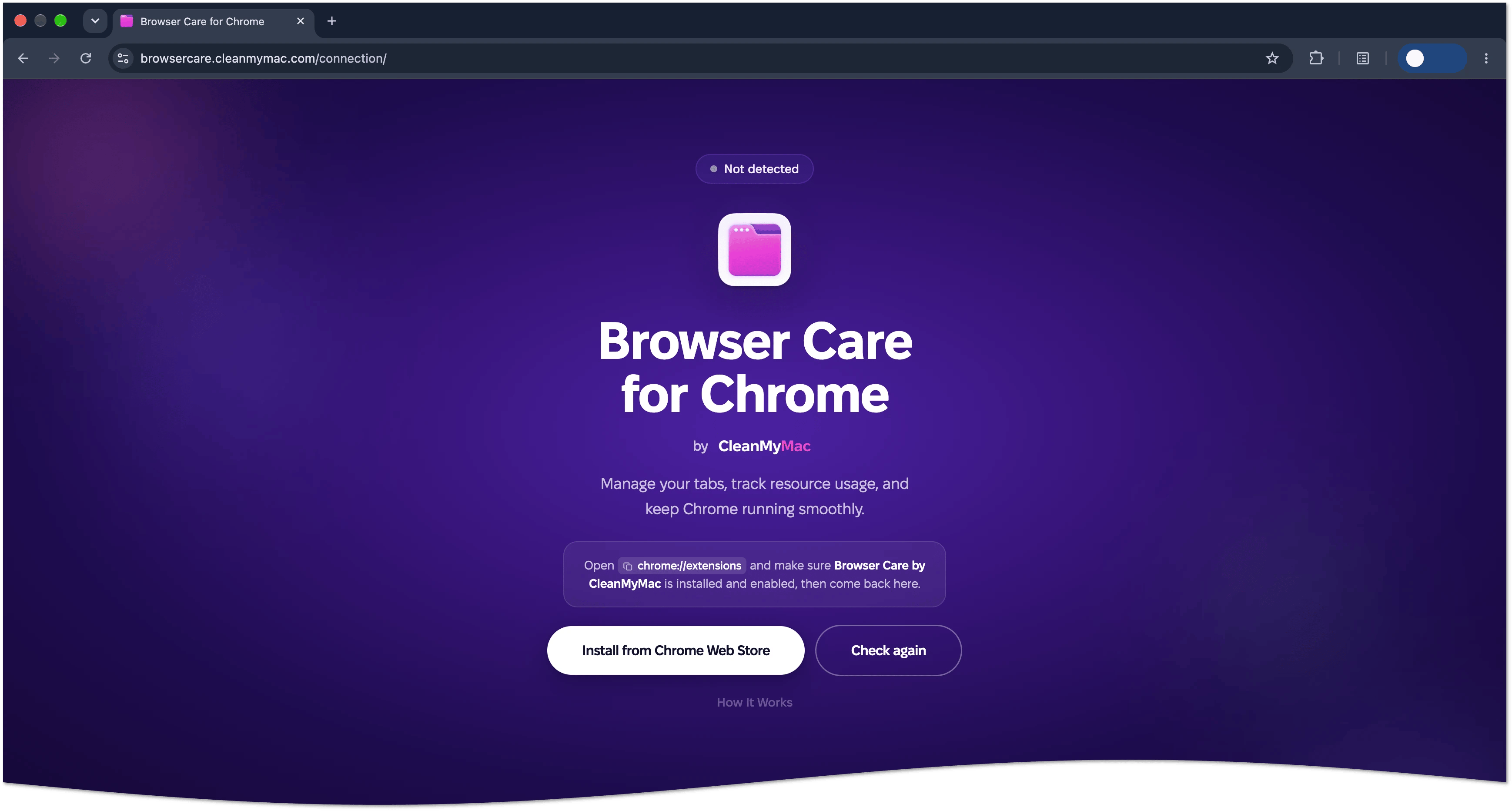 Browser Care webpage in Chrome with the Not detected status and the Install from Chrome Web Store button