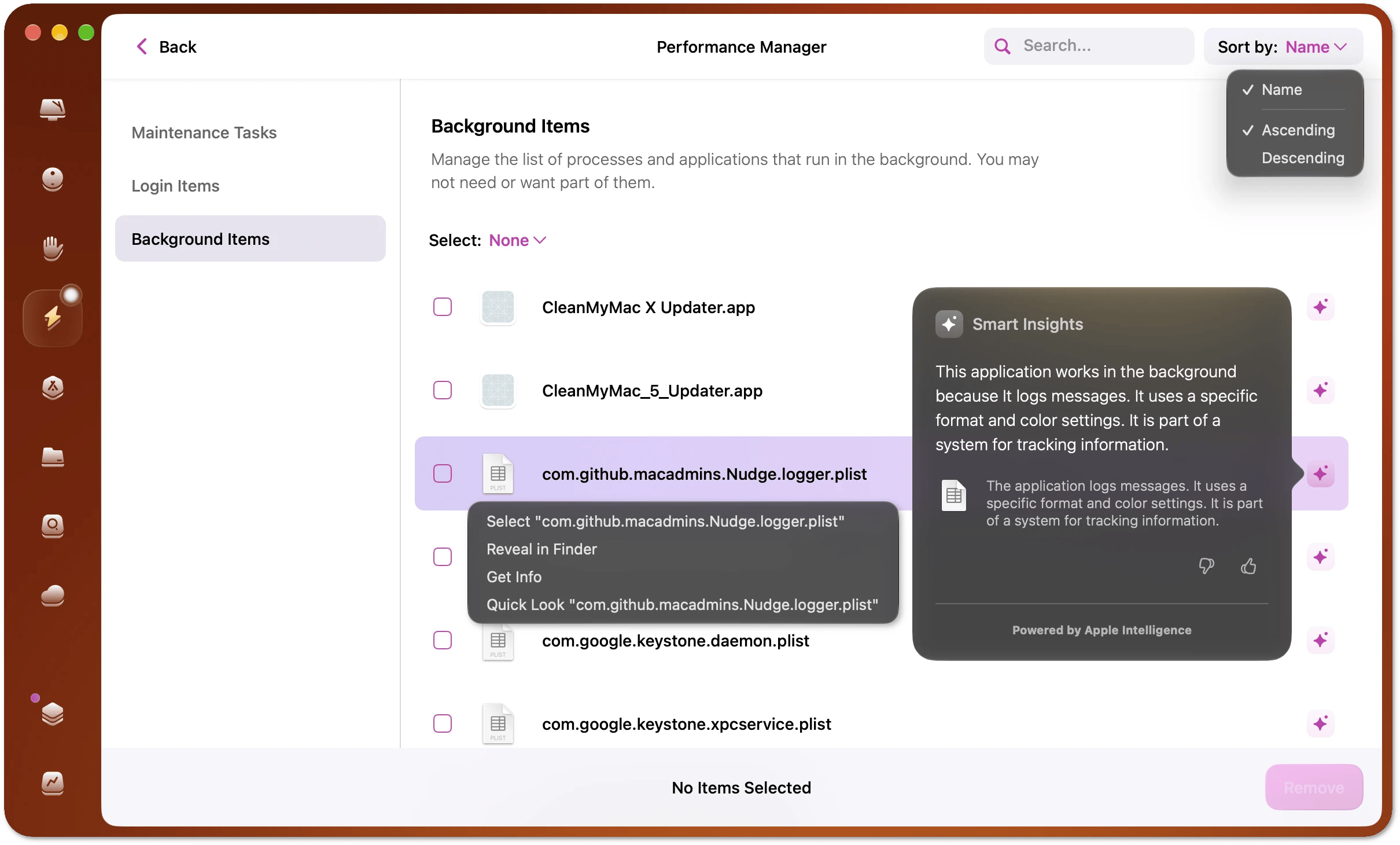 Background Items list in the Performance Manager with the context menu and Smart Insights details open