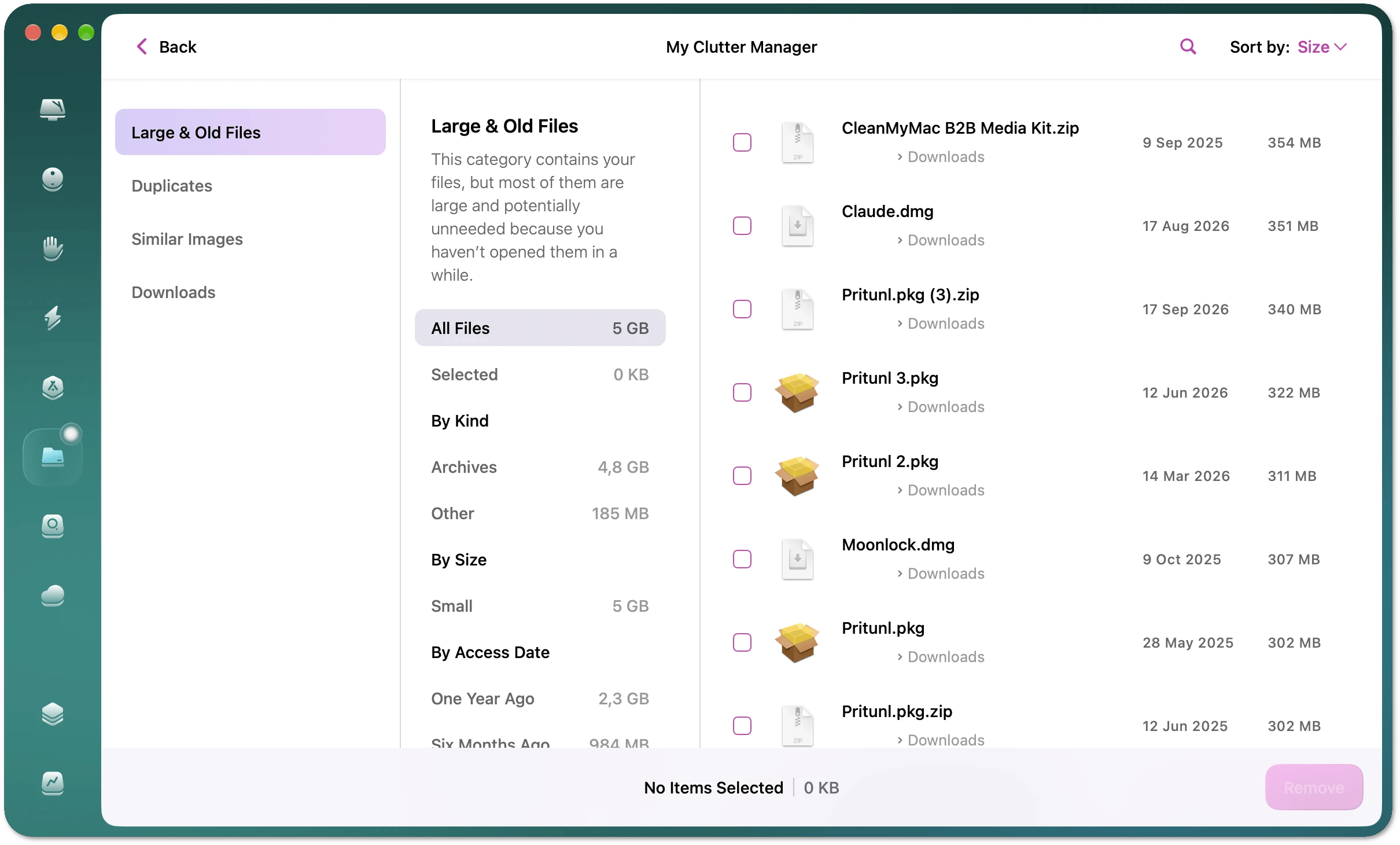 Large & Old Files grouped by kind, size, and access date
