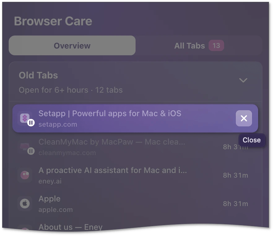 Expanded Old Tabs card with the Close button highlighted on one tab