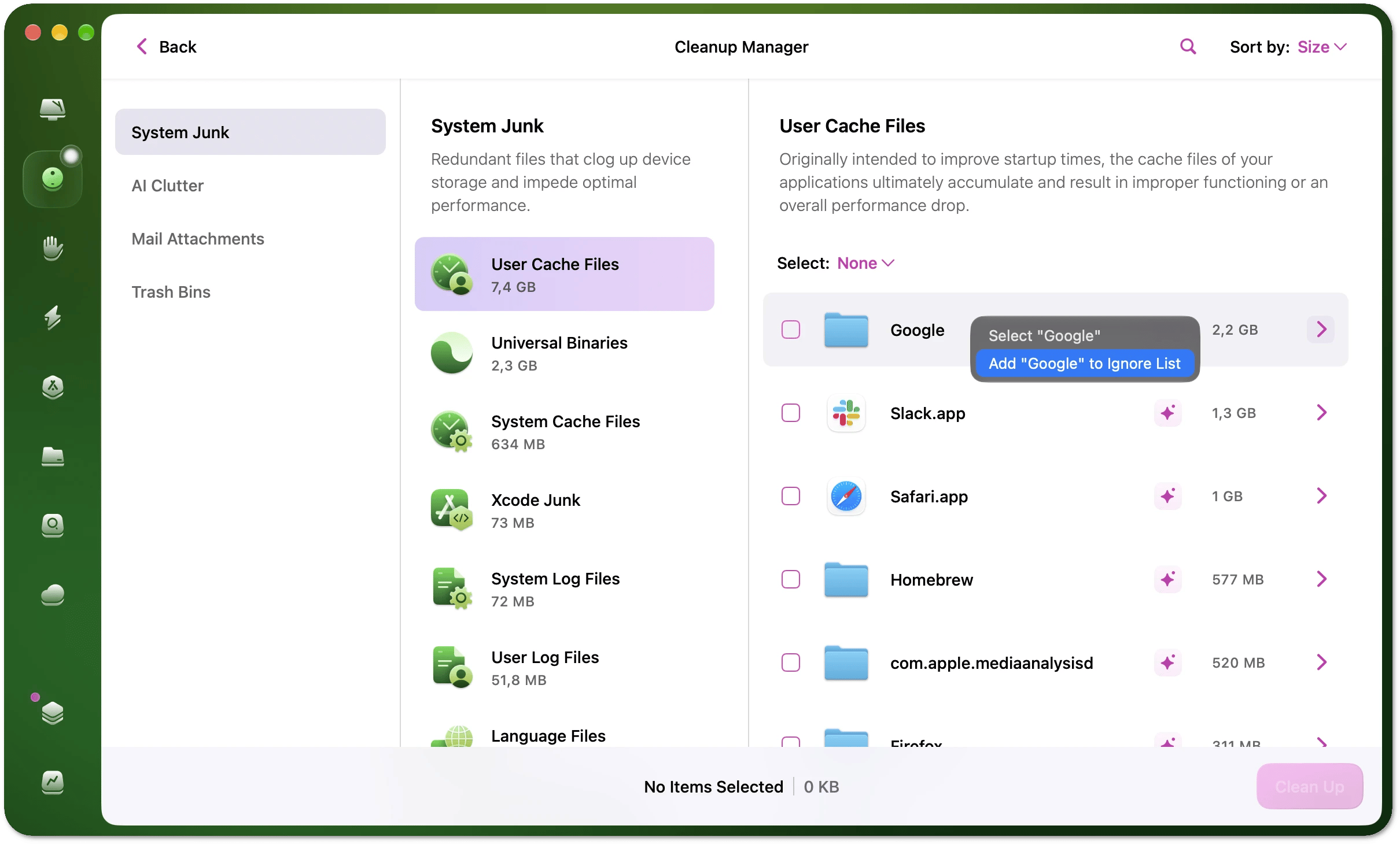 Context menu with the option to add an item or group of items to the ignore list