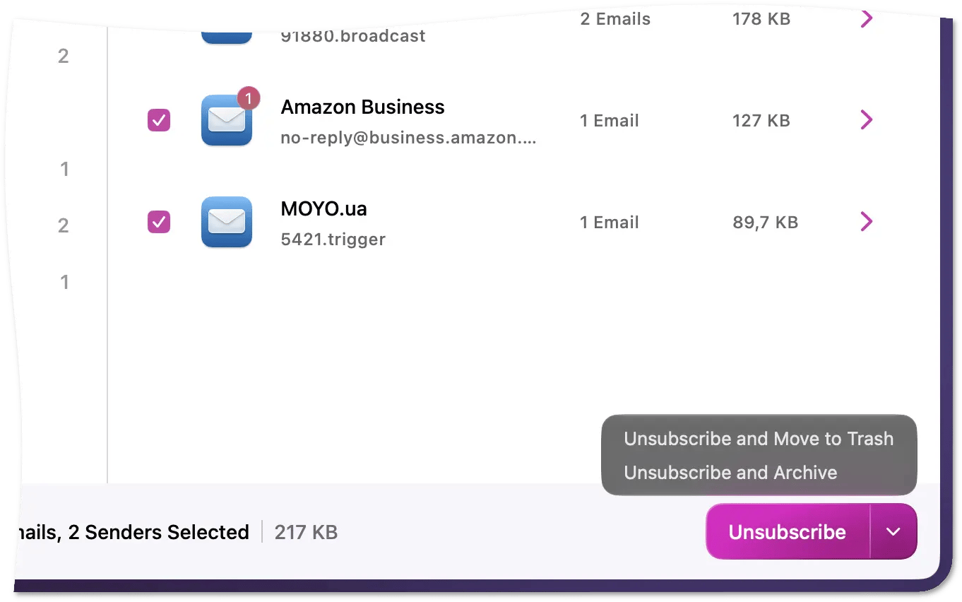 Unsubscribe button with its menu open showing Unsubscribe and Move to Trash, and Unsubscribe and Archive options