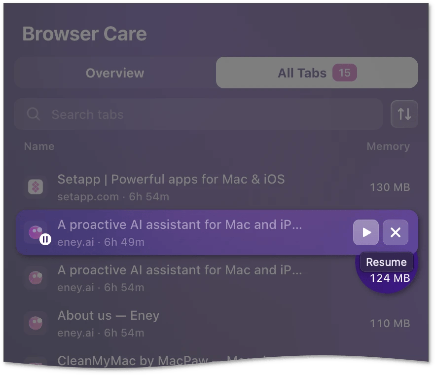 All Tabs list with the Resume button highlighted on a paused tab