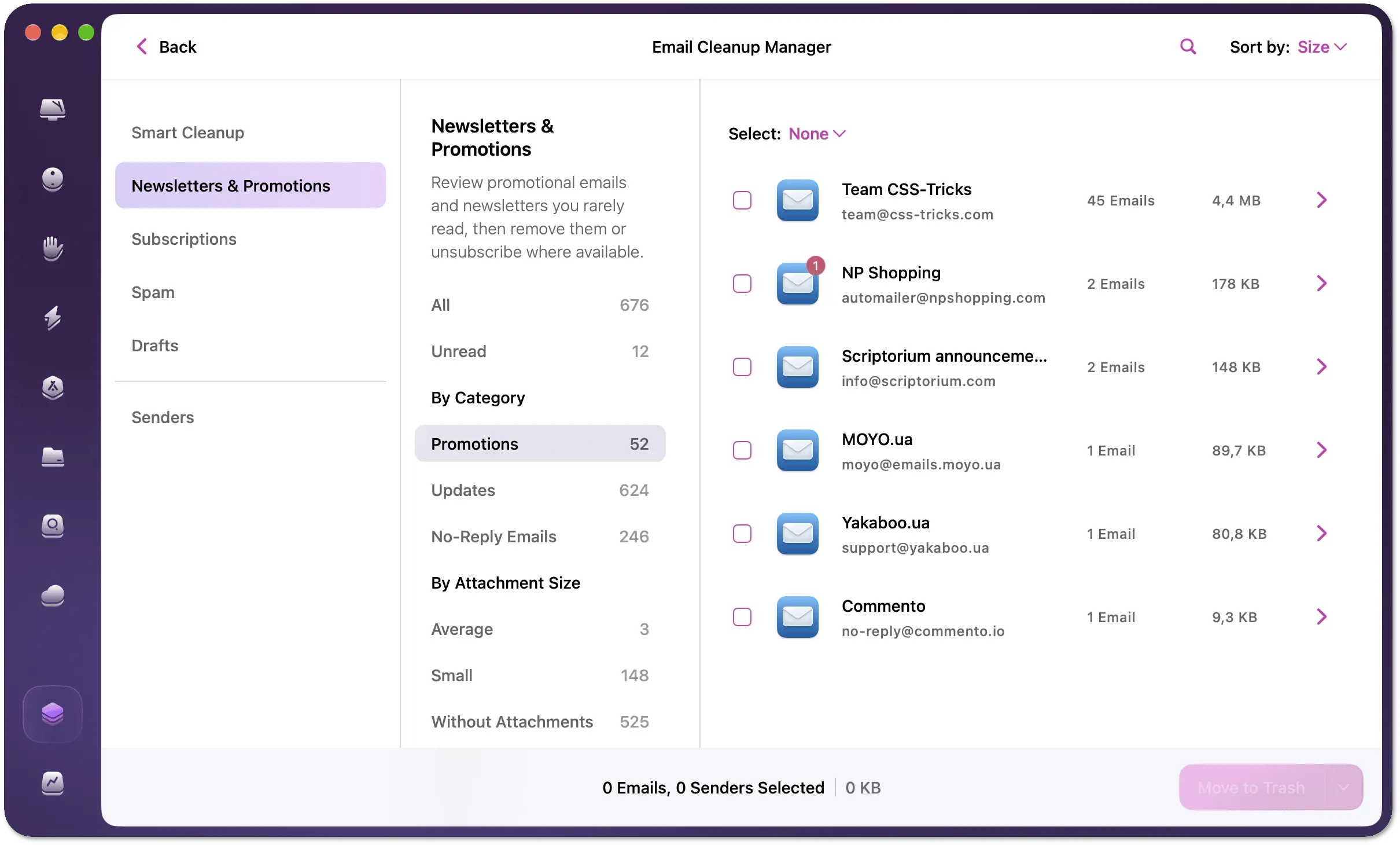 Email Cleanup Manager with Newsletters & Promotions selected in the left pane