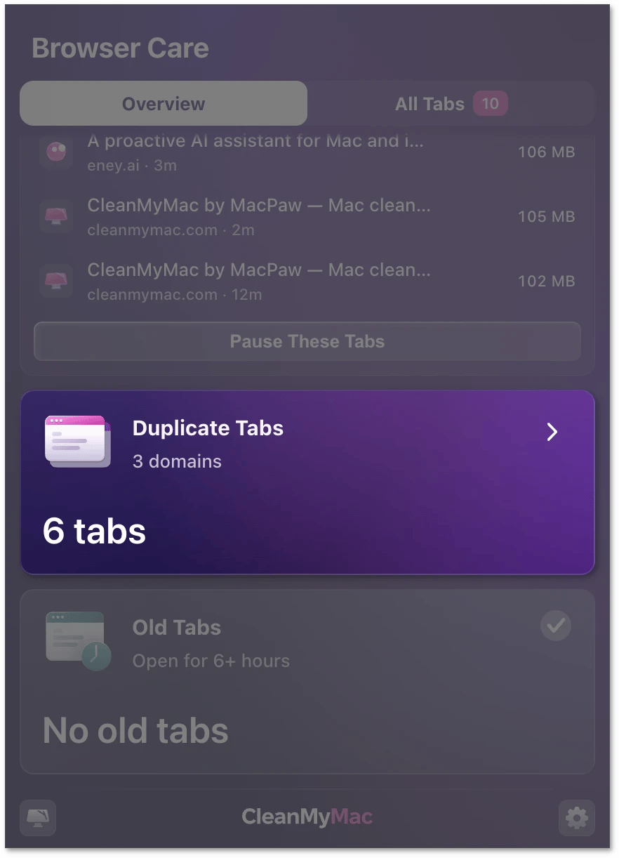 Overview tab in Browser Care with the Duplicate Tabs card highlighted, showing the number of domains and tabs