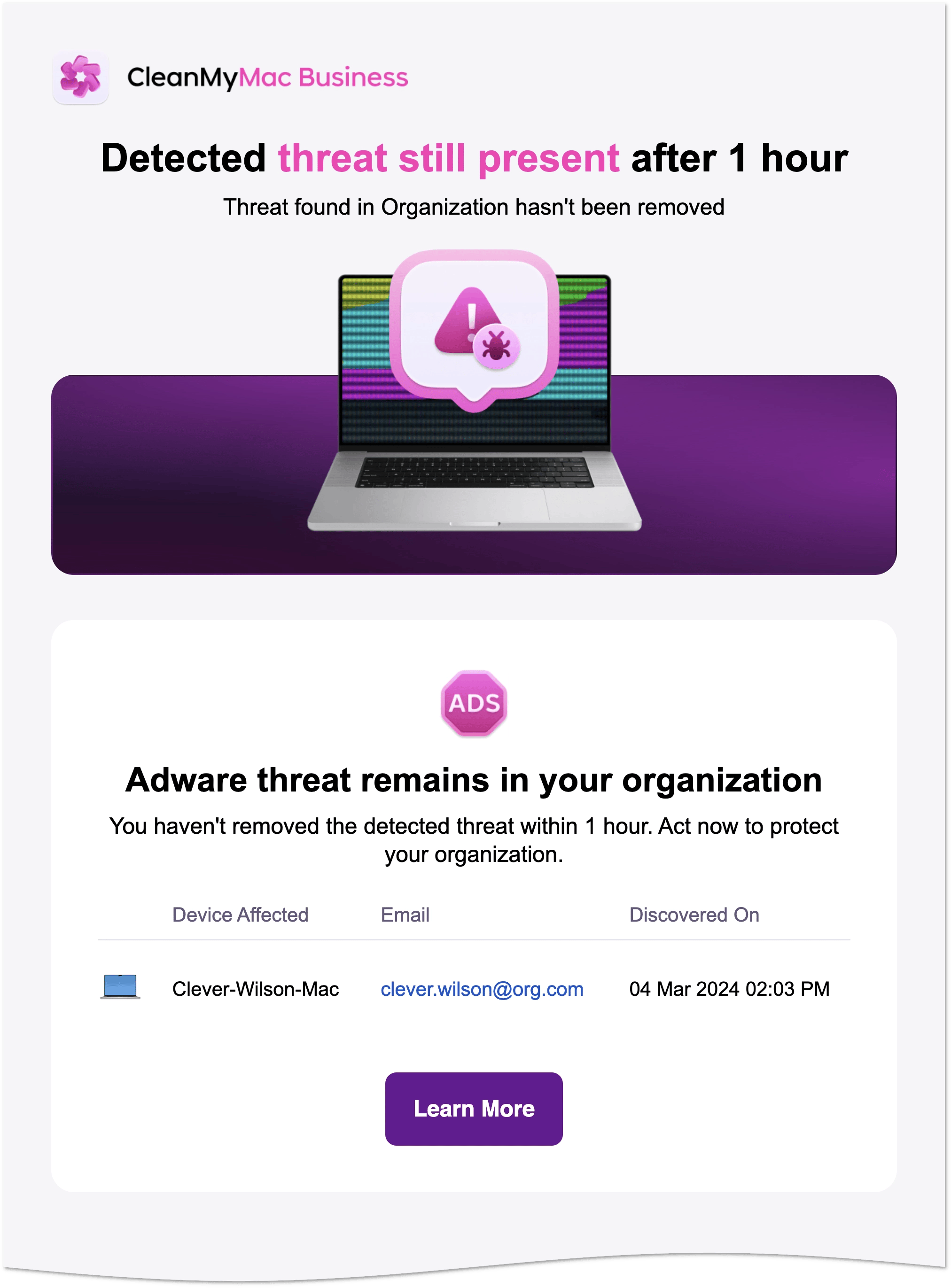 Example alert on a persistent threat