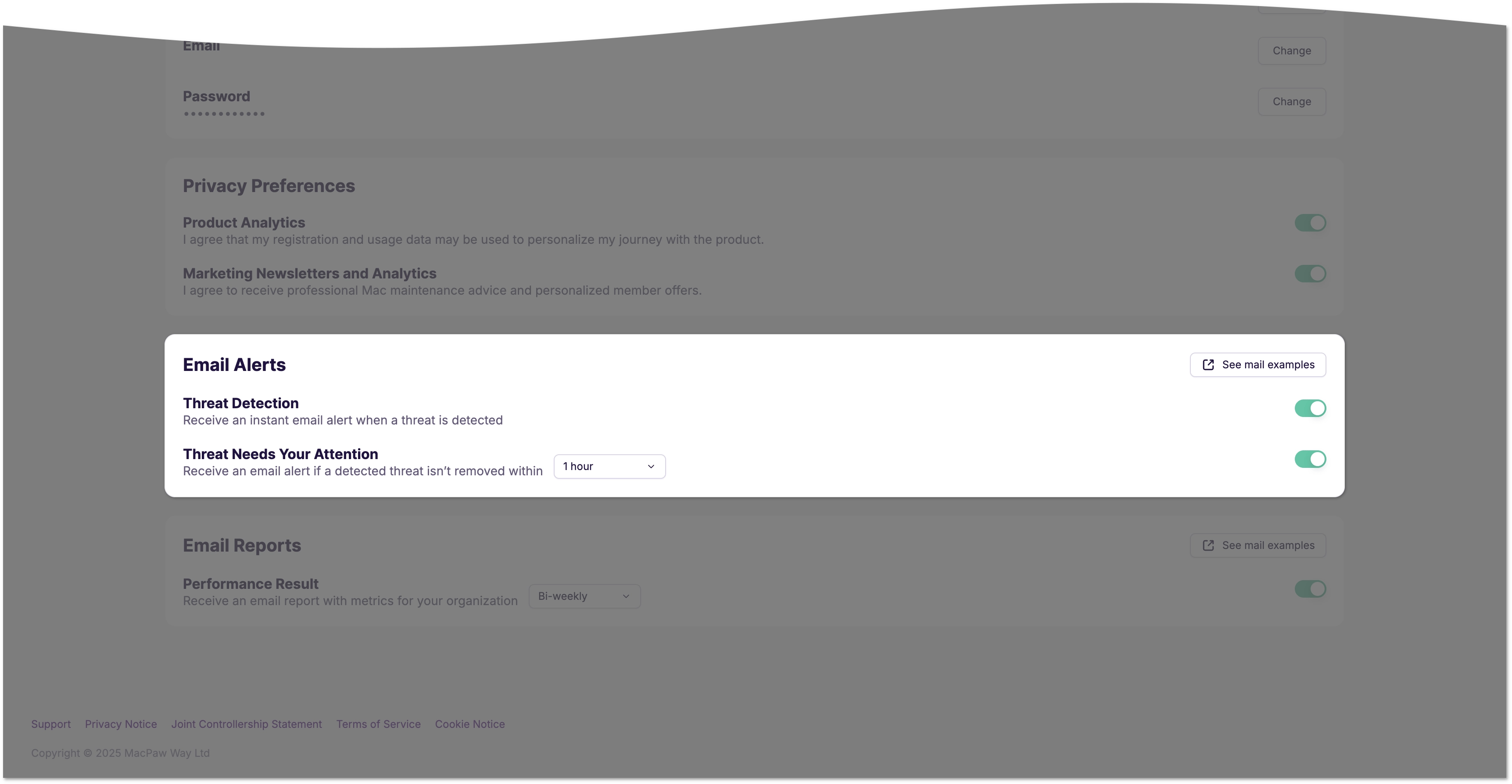 The Email Alerts section