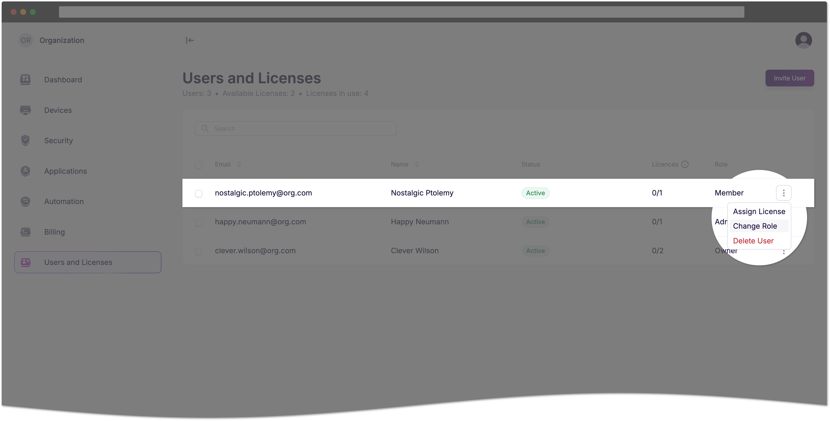 Change role using the Options menu
