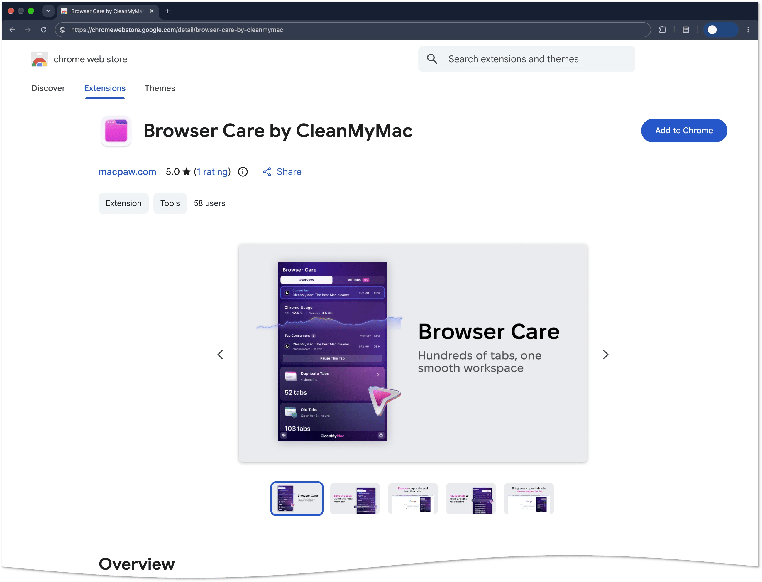 Browser Care page in the Chrome Web Store with the Add to Chrome button