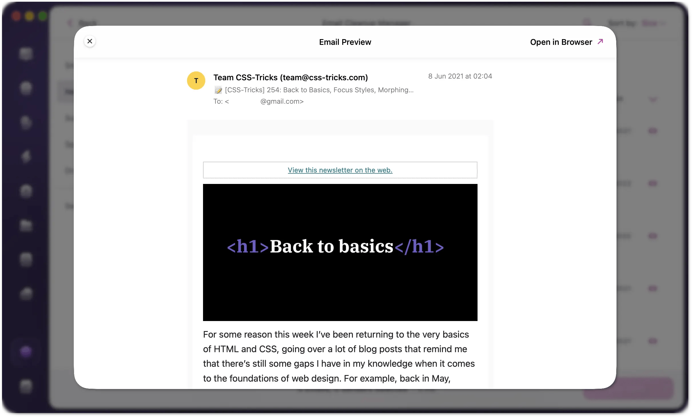 Email Preview dialog showing the sender details and email content