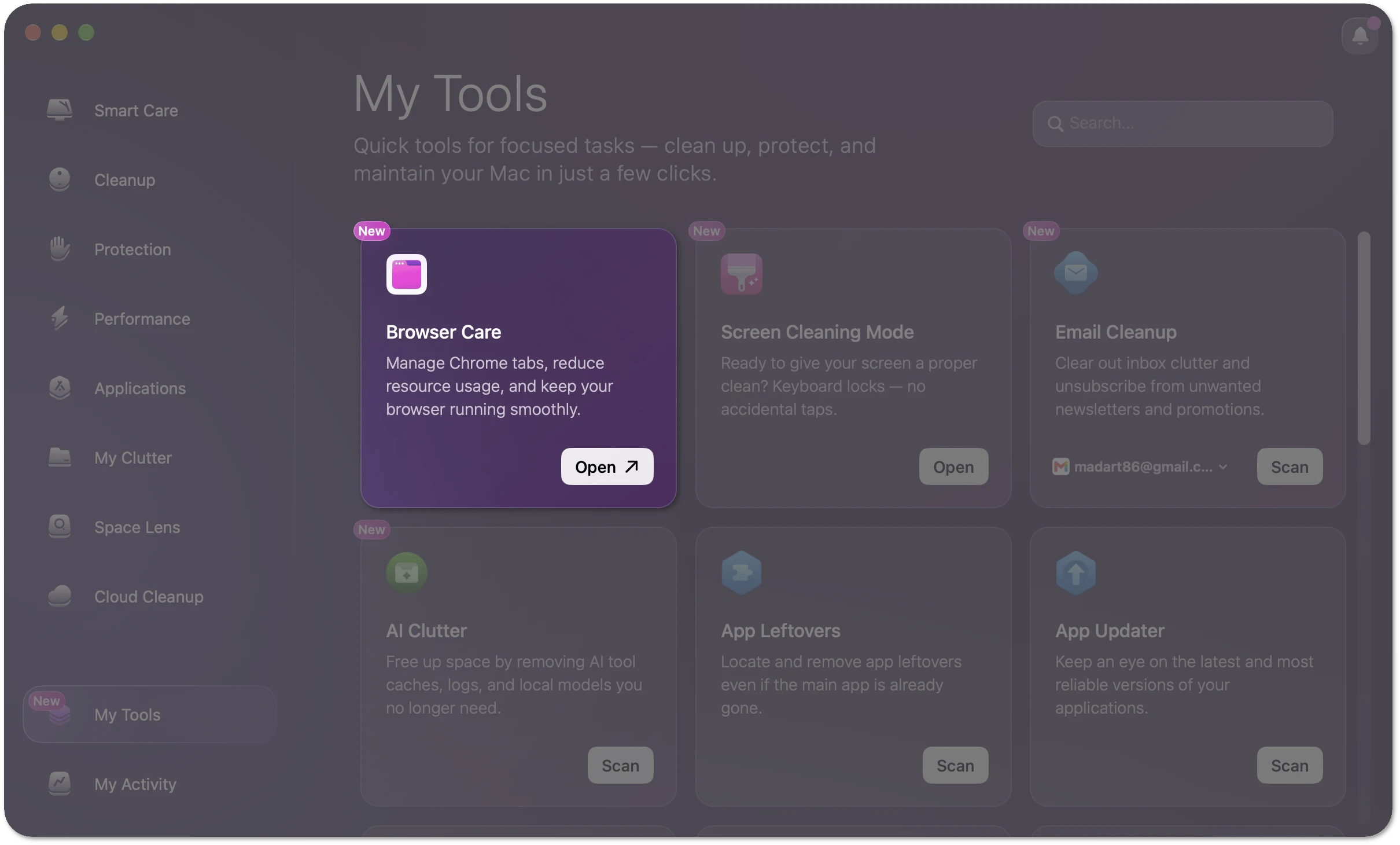 My Tools in CleanMyMac with the Browser Care tile highlighted and its Open button