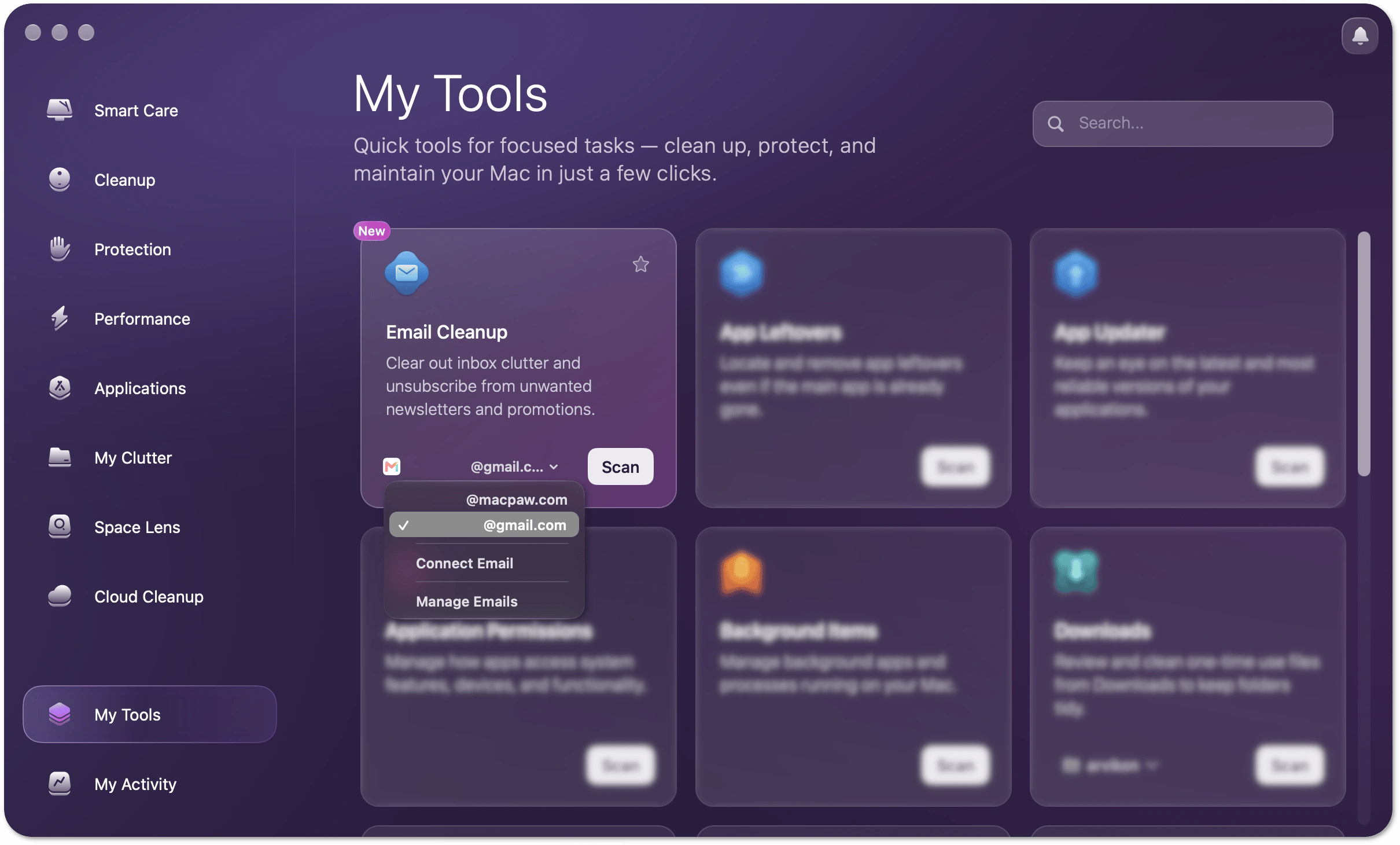 Email Cleanup tile in My Tools with an email account selected and the Scan button