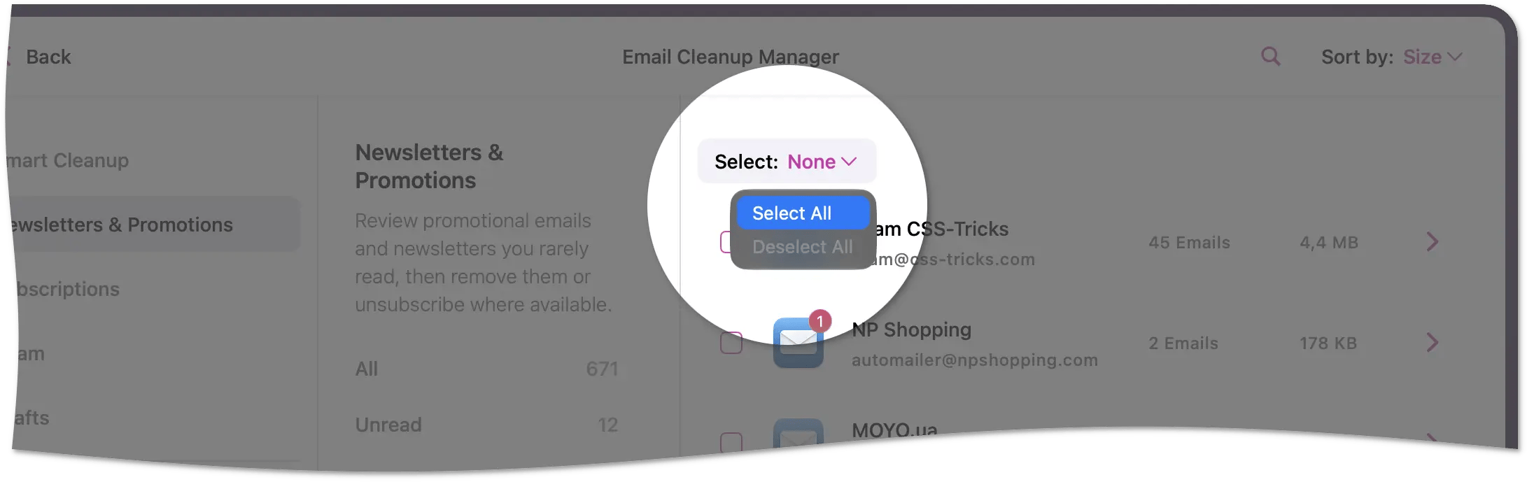 Email Cleanup Manager with the Select menu open showing Select All and Deselect All options