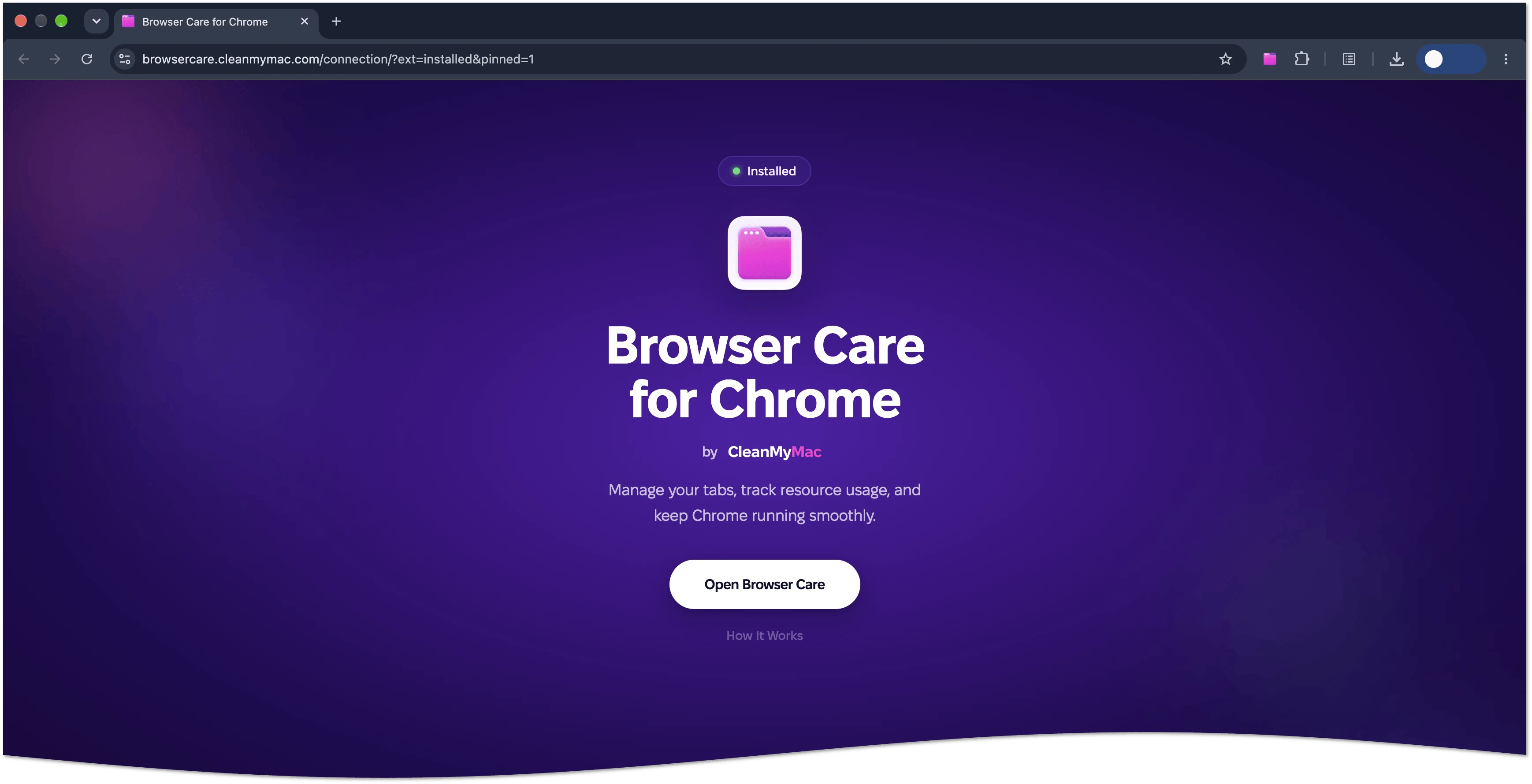 Browser Care webpage in Chrome with the Installed status and the Open Browser Care button