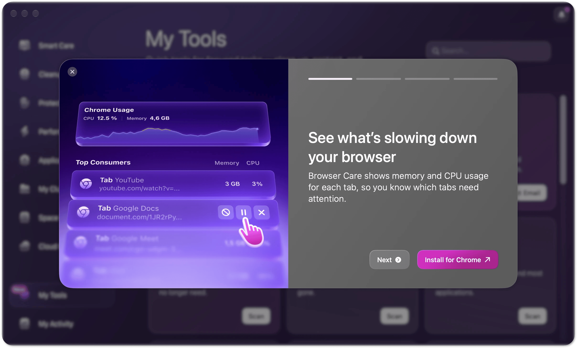 Browser Care dialog in CleanMyMac with a short description of the extension and the Install for Chrome button