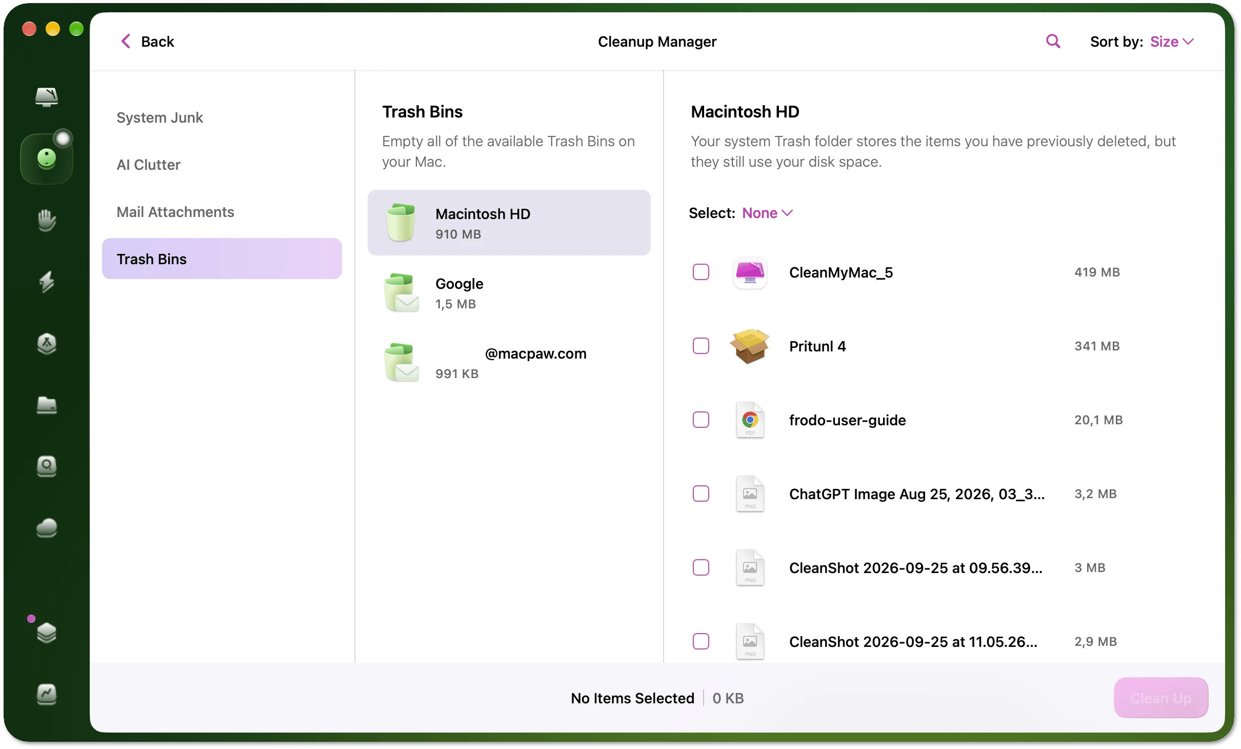 Cleanup Manager showing the Trash Bins category with a list of files