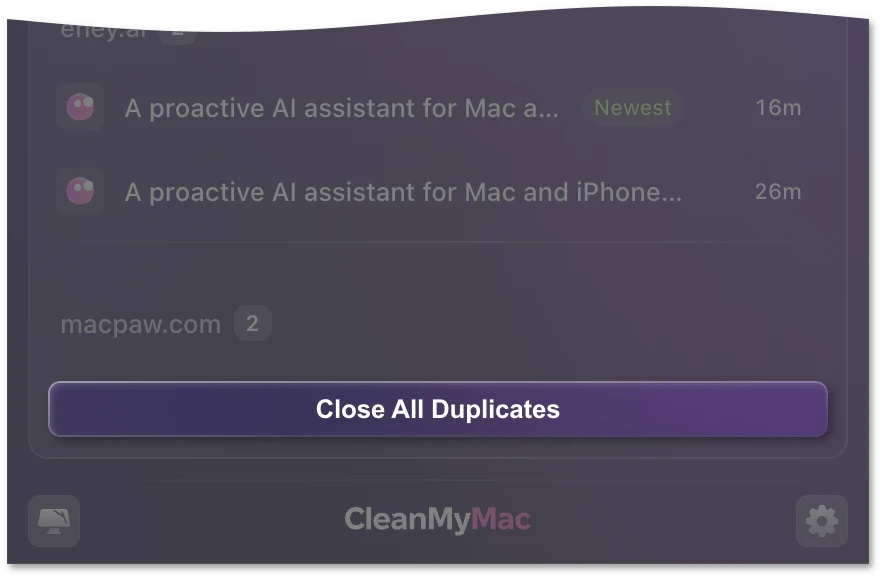 Close All Duplicates button at the bottom of the expanded Duplicate Tabs card