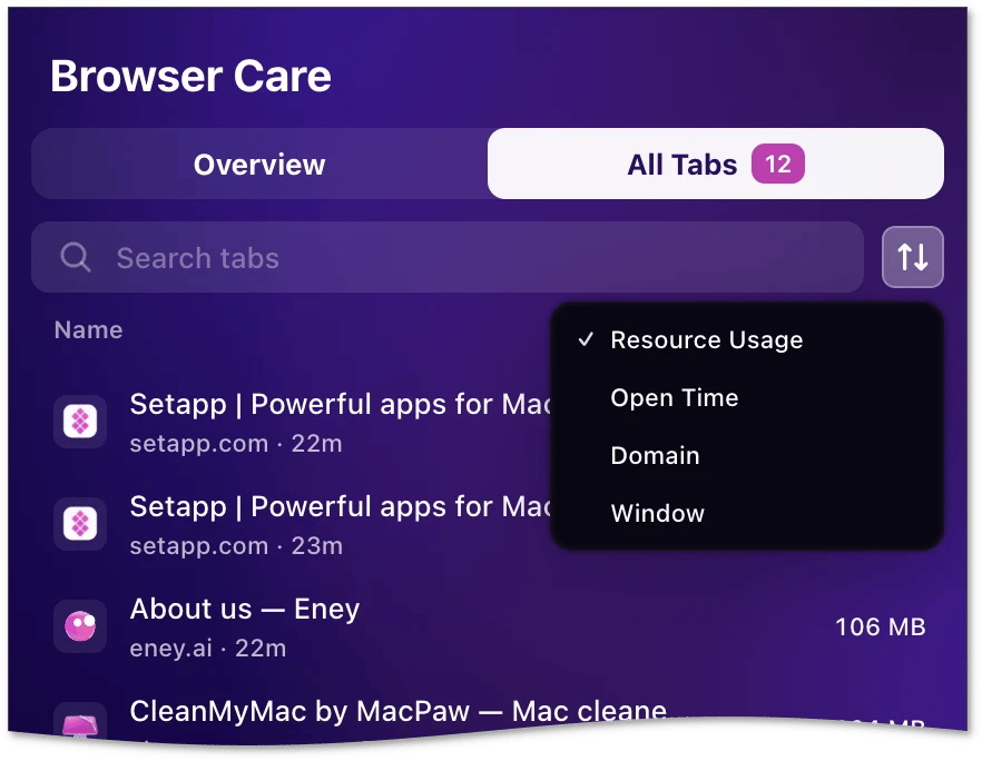 Sort menu in All Tabs with the options Resource Usage, Open Time, Domain, and Window
