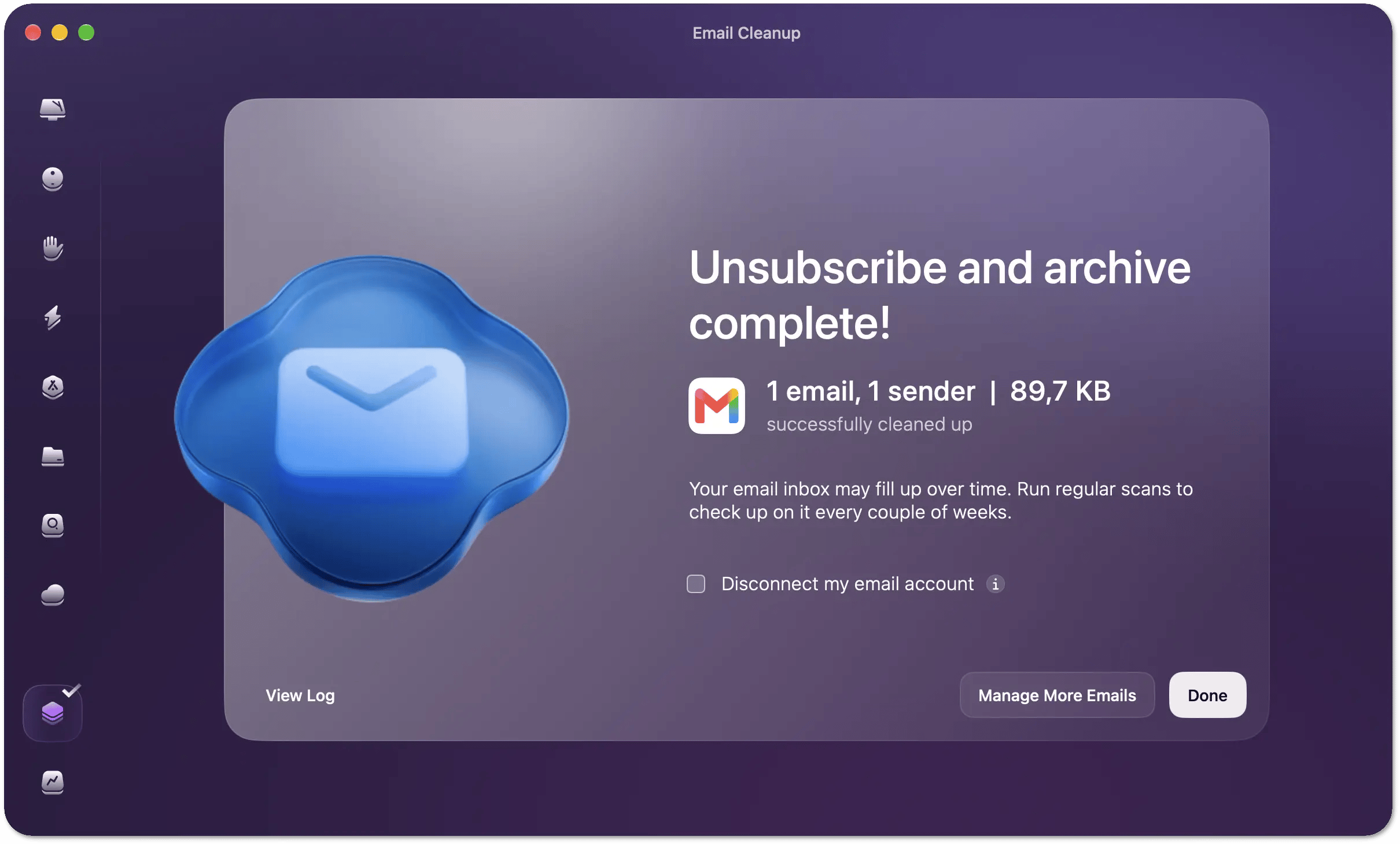 Results summary with the View Log, Manage More Emails, and Done buttons