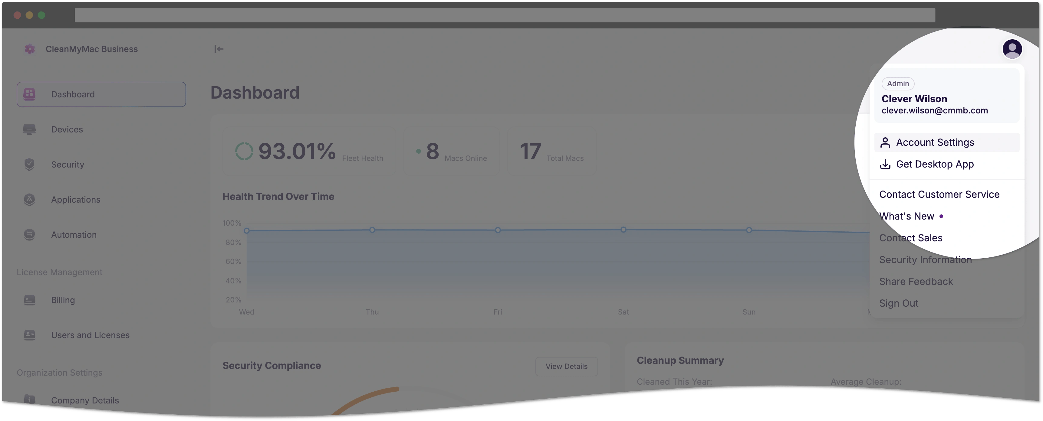 Link to account settings in the Dashboard