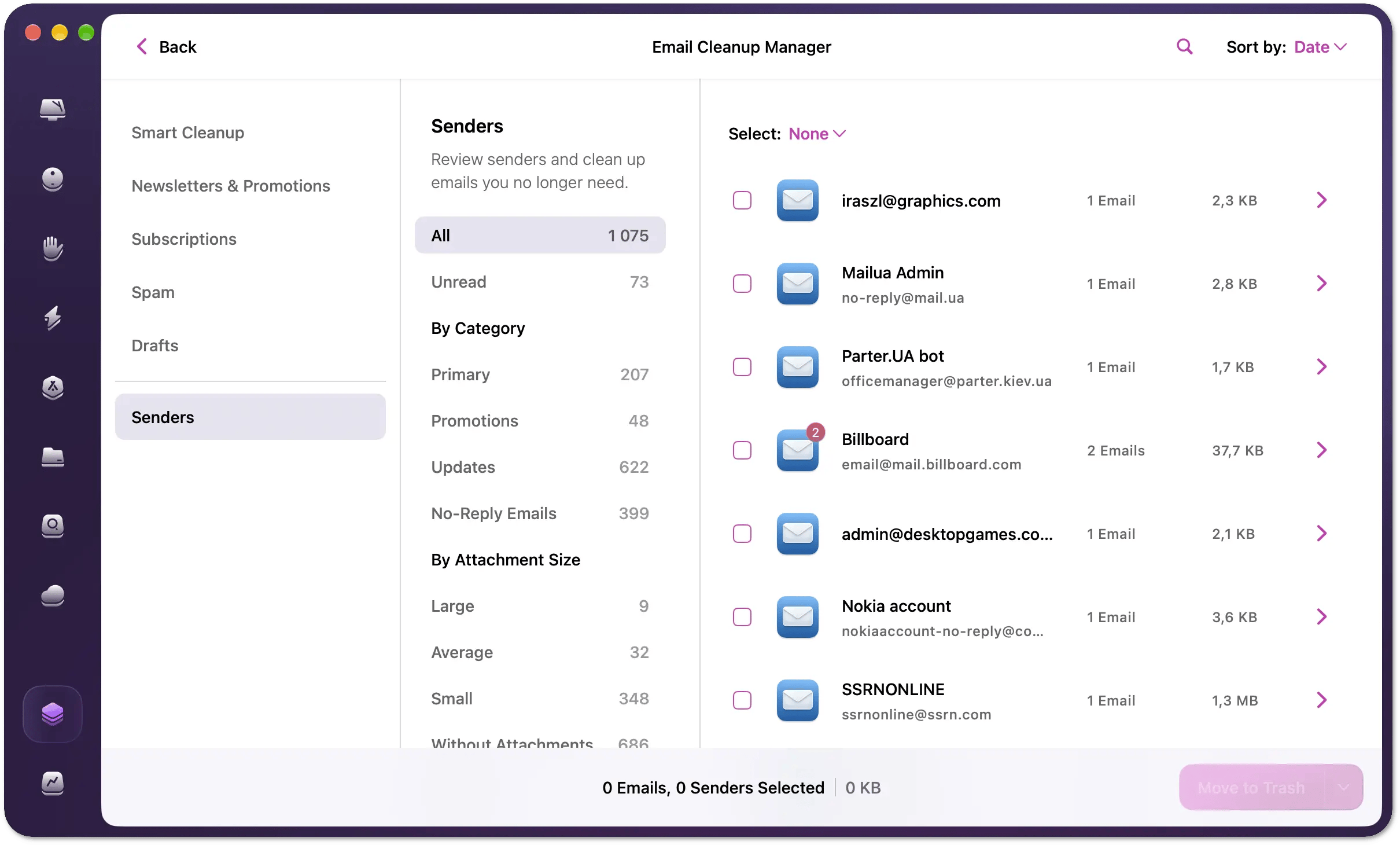 Email Cleanup Manager with the Senders category selected, showing groups in the middle and a list of senders on the right